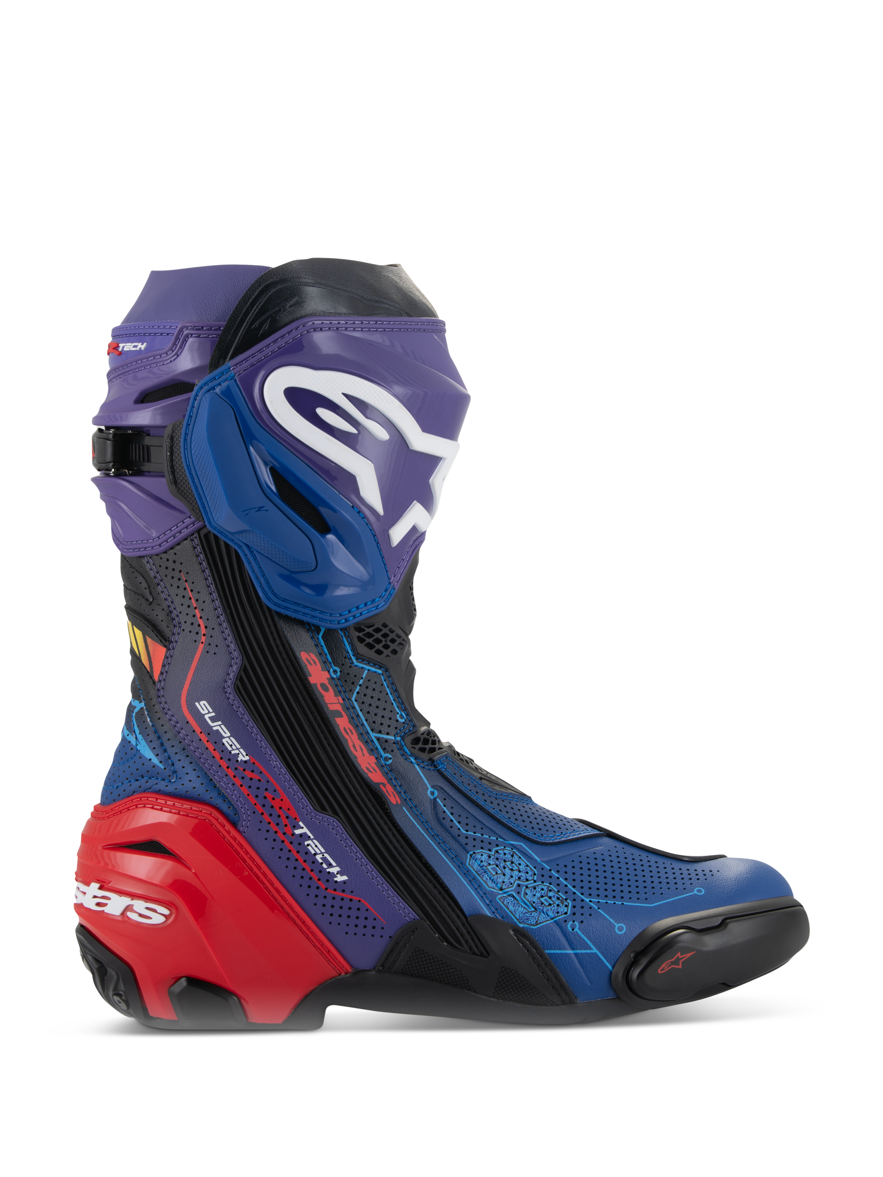 Alpinestars Supertech R LE Martinator R01 Belüftete Stiefel, Hochleistungs-Rennmotorradstiefel, lebendige Farbgebung in Blau, Lila und Rot, mit perforiertem Mikrofaser-Chassis, markantem weißem Alpinestars-Logo auf der Schienbeinplatte und verstärktem rotem Fersenschutz