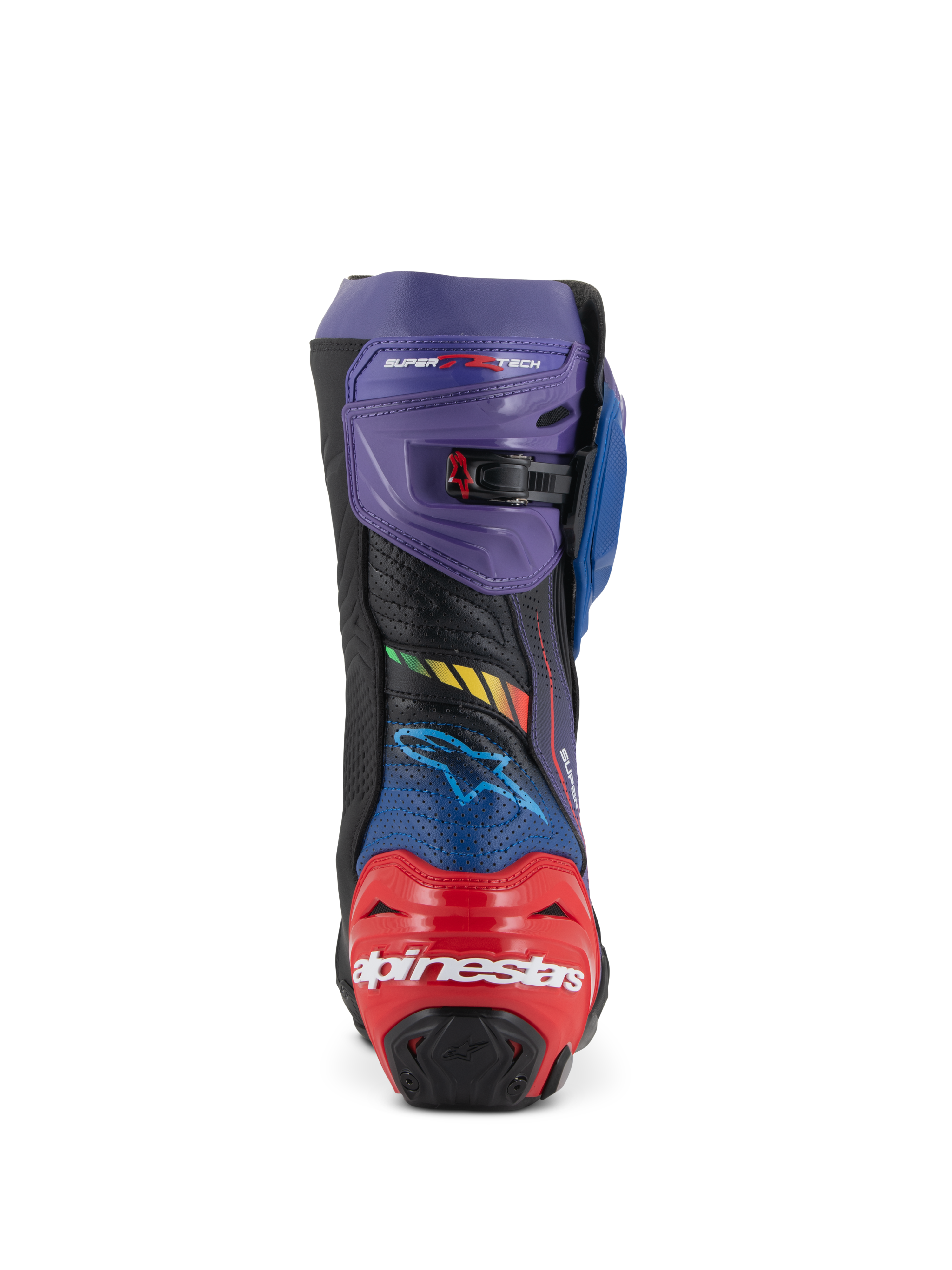 Alpinestars Supertech R LE Martinator R01 Vented Boots, Racing Motorcycle Boots, Blue Purple Red and Black, Rear view featuring red heel protector with white Alpinestars logo, purple upper gaiter with adjustable buckle, and perforated microfiber for airflow.