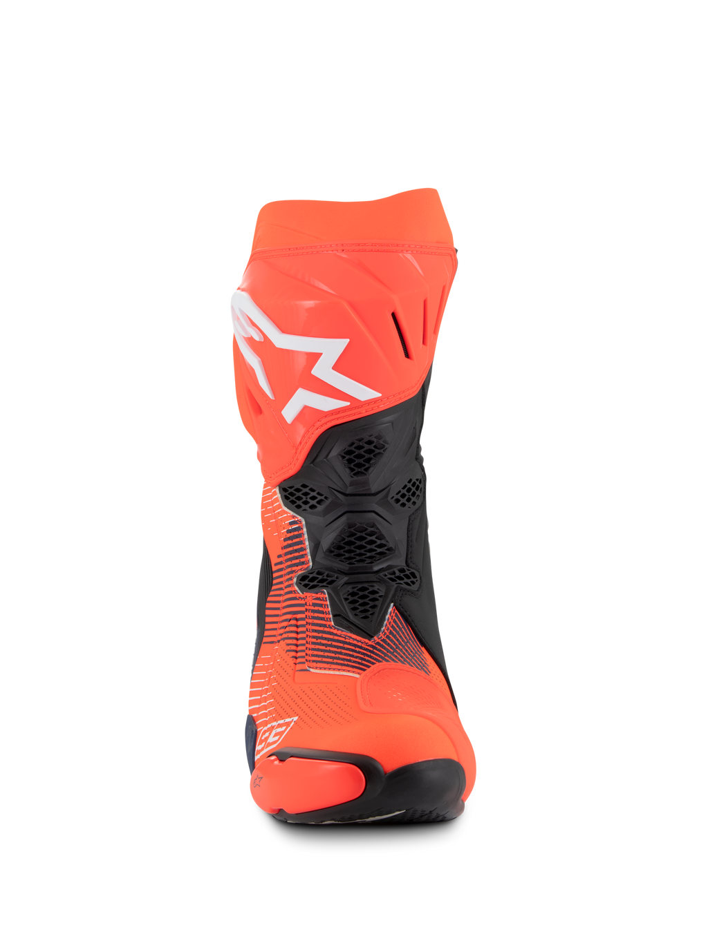Alpinestars Supertech R Vented MM93 Replica Stiefel, Motorrad-Rennstiefel, Rot Fluo, Dunkelblau und Schwarz, Vorderansicht mit Mesh-Belüftung, weißem Alpinestars-Logo und langlebiger Mikrofaser-Konstruktion