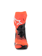 Alpinestars Supertech R Vented MM93 Replica Stiefel, Motorrad-Rennstiefel, Rot Fluo, Dunkelblau und Schwarz, Vorderansicht mit Mesh-Belüftung, weißem Alpinestars-Logo und langlebiger Mikrofaser-Konstruktion