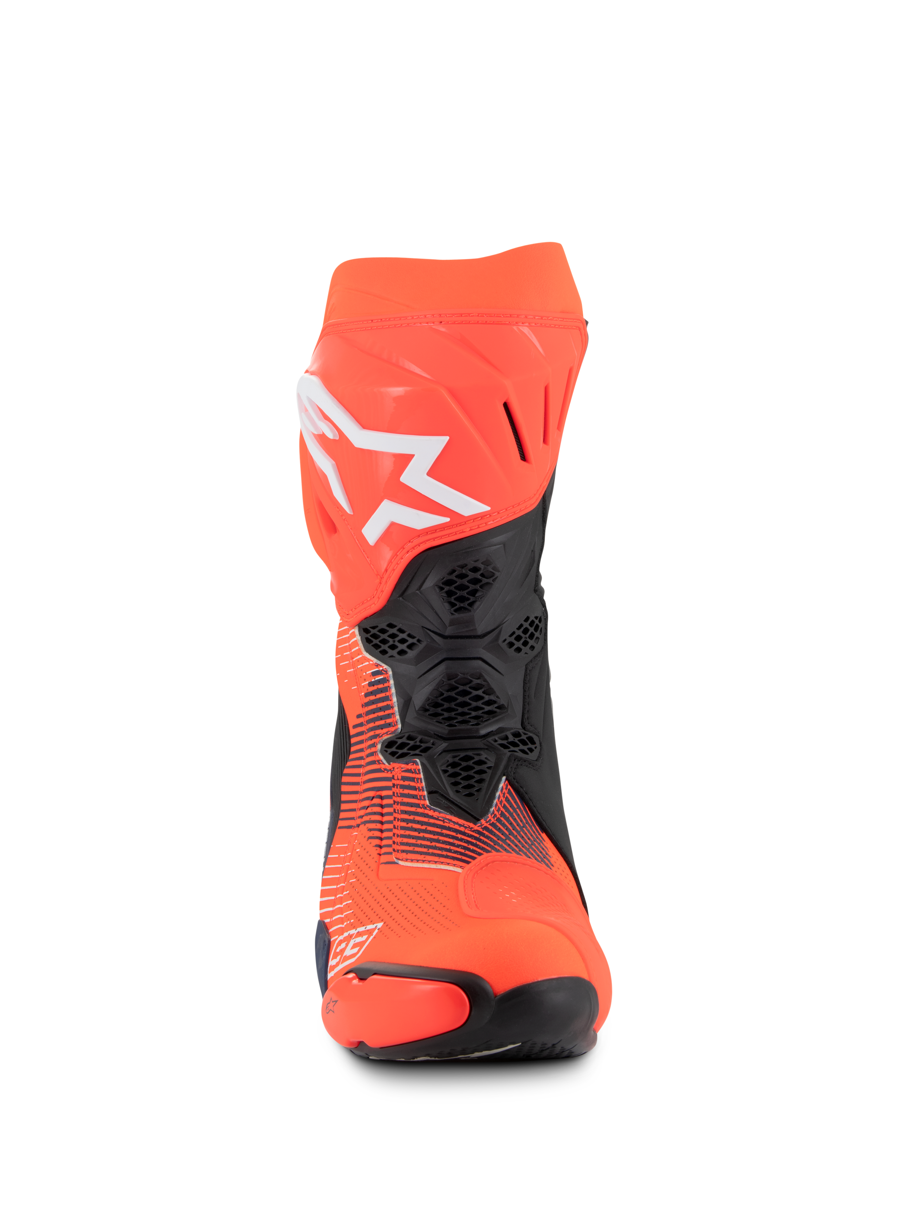 Alpinestars Supertech R Vented MM93 Replica Stiefel, Motorrad-Rennstiefel, Rot Fluo, Dunkelblau und Schwarz, Vorderansicht mit Mesh-Belüftung, weißem Alpinestars-Logo und langlebiger Mikrofaser-Konstruktion