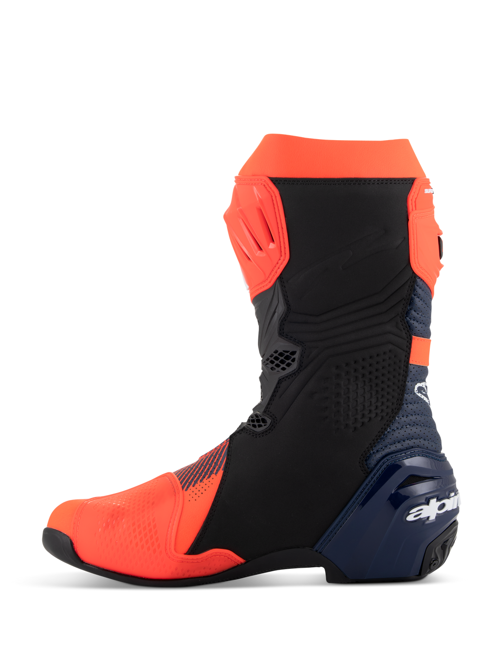 Alpinestars Supertech R Vented MM93 Replica Stiefel, Motorrad-Rennstiefel, Fluorot, Dunkelblau und Schwarz, mediale Seitenansicht, mit perforiertem Obermaterial aus Mikrofaser, TPU-Schutzplatten und schlankem Performance-Design.