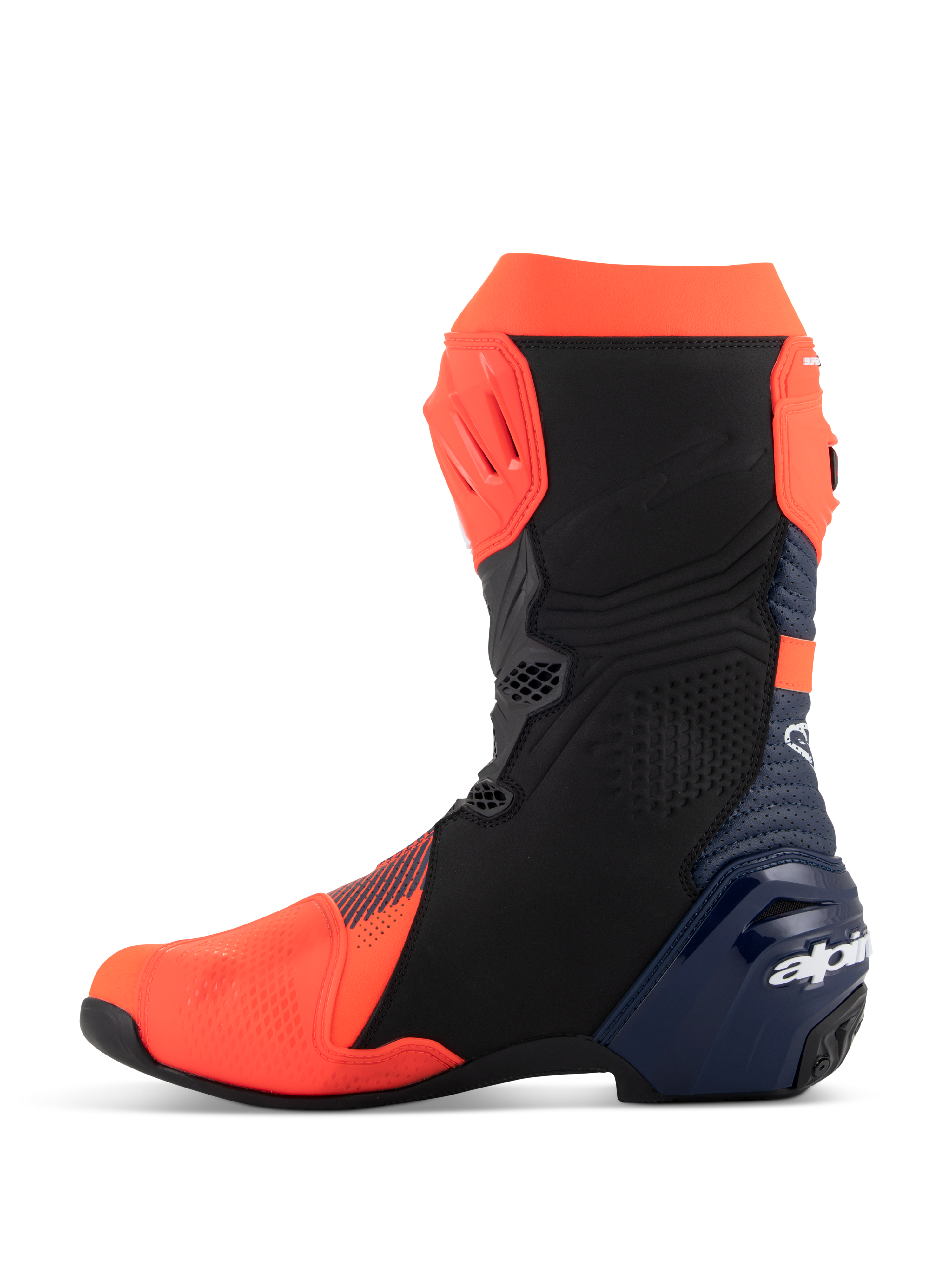 Alpinestars Supertech R Vented MM93 Replica Stiefel, Motorrad-Rennstiefel, Fluorot, Dunkelblau und Schwarz, mediale Seitenansicht, mit perforiertem Obermaterial aus Mikrofaser, TPU-Schutzplatten und schlankem Performance-Design.