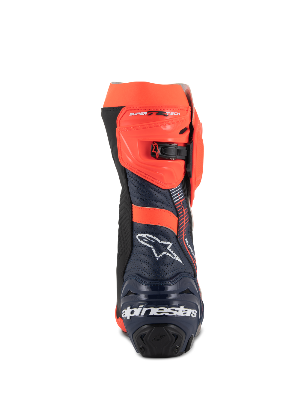 Alpinestars Supertech R Vented MM93 Replica Stiefel, Motorrad-Rennstiefel, Fluo-Rot, Dunkelblau und Schwarz, Rückansicht mit weißem Alpinestars-Logo an der Ferse und fluo-rotem verstellbarem Ratschenverschluss, perforiertes Mikrofaser-Design für hohe Luftzirkulation