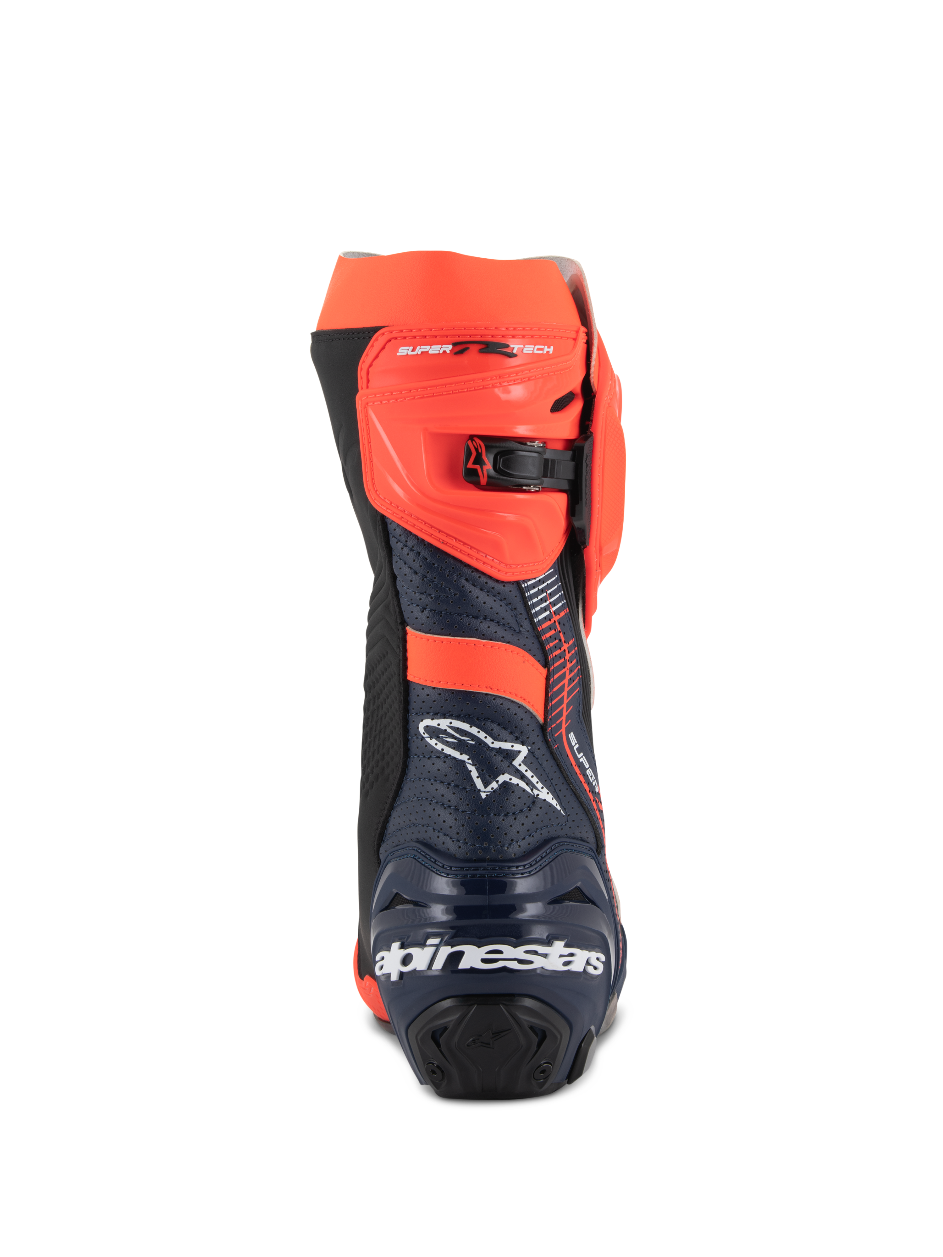 Alpinestars Supertech R Vented MM93 Replica Stiefel, Motorrad-Rennstiefel, Fluo-Rot, Dunkelblau und Schwarz, Rückansicht mit weißem Alpinestars-Logo an der Ferse und fluo-rotem verstellbarem Ratschenverschluss, perforiertes Mikrofaser-Design für hohe Luftzirkulation