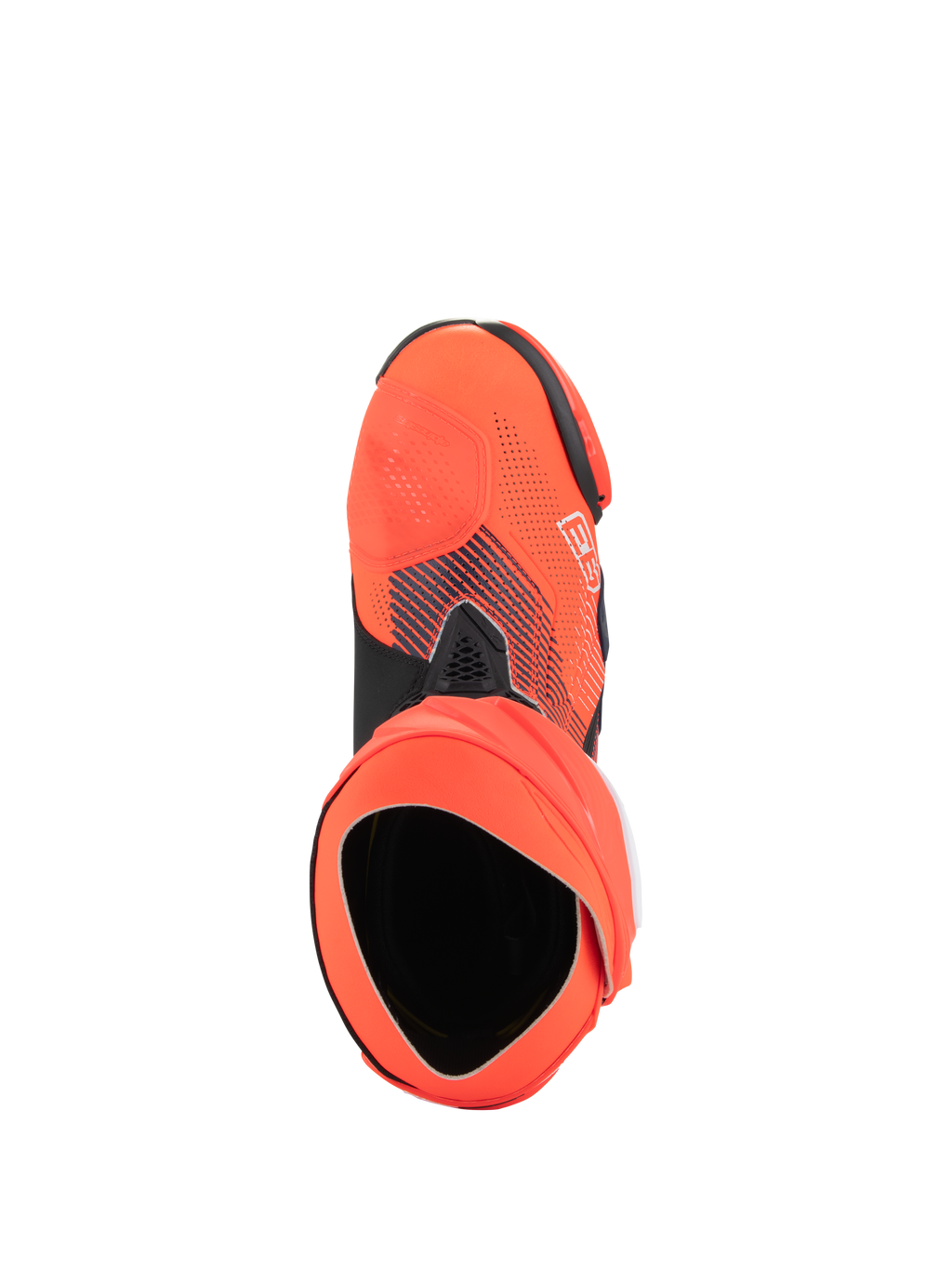 Alpinestars Supertech R Vented MM93 Replica Stiefel, Hochleistungs-Motorradrennstiefel, Rot Fluo und Dunkelblau, Draufsicht auf die Öffnung und die Struktur des Innenschuhs, perforiertes Mikrofaser-Obermaterial mit Marc Márquez Signature-Grafiken