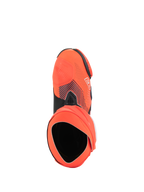 Alpinestars Supertech R Vented MM93 Replica Stiefel, Hochleistungs-Motorradrennstiefel, Rot Fluo und Dunkelblau, Draufsicht auf die Öffnung und die Struktur des Innenschuhs, perforiertes Mikrofaser-Obermaterial mit Marc Márquez Signature-Grafiken