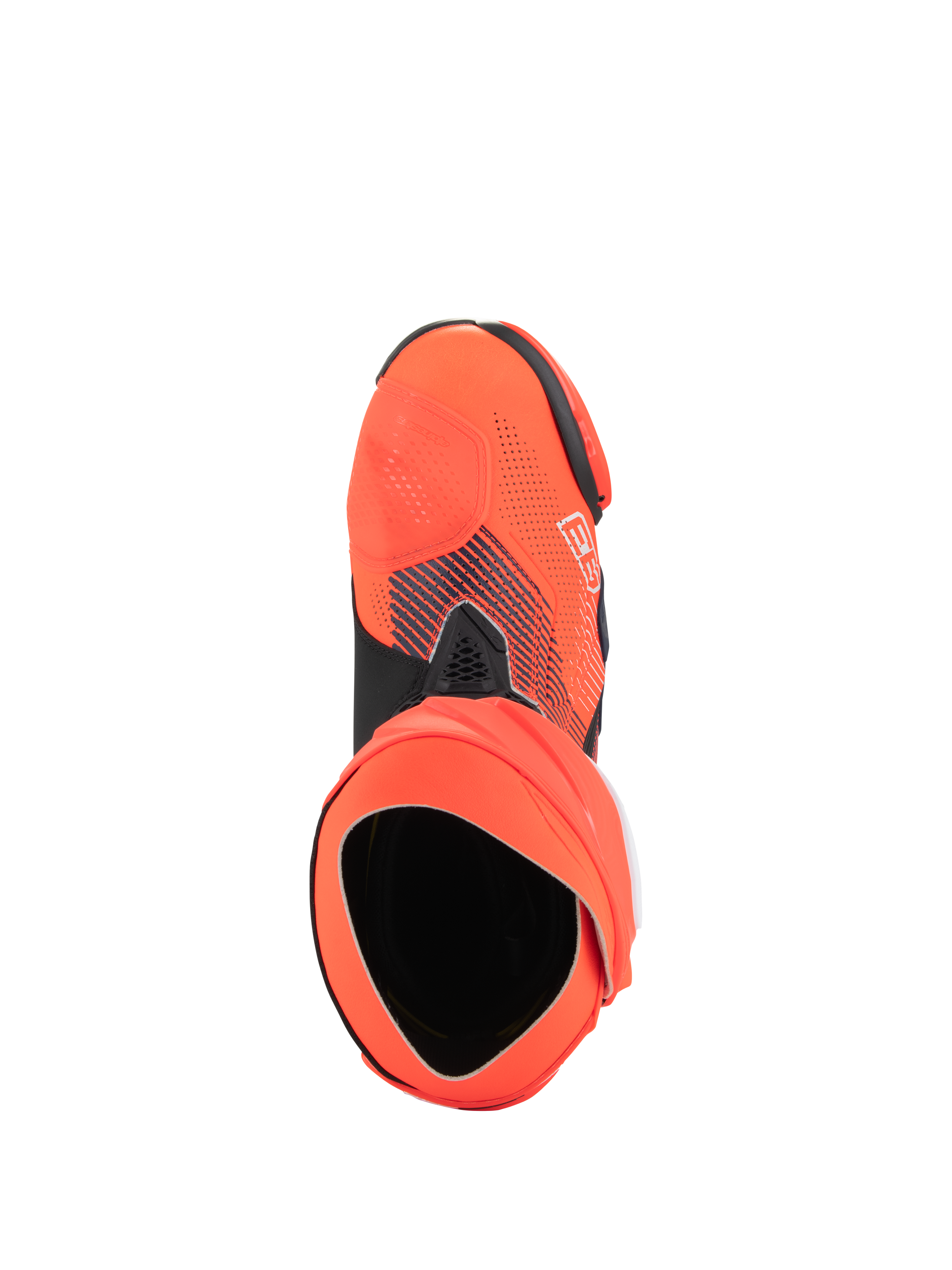 Alpinestars Supertech R Vented MM93 Replica Stiefel, Hochleistungs-Motorradrennstiefel, Rot Fluo und Dunkelblau, Draufsicht auf die Öffnung und die Struktur des Innenschuhs, perforiertes Mikrofaser-Obermaterial mit Marc Márquez Signature-Grafiken