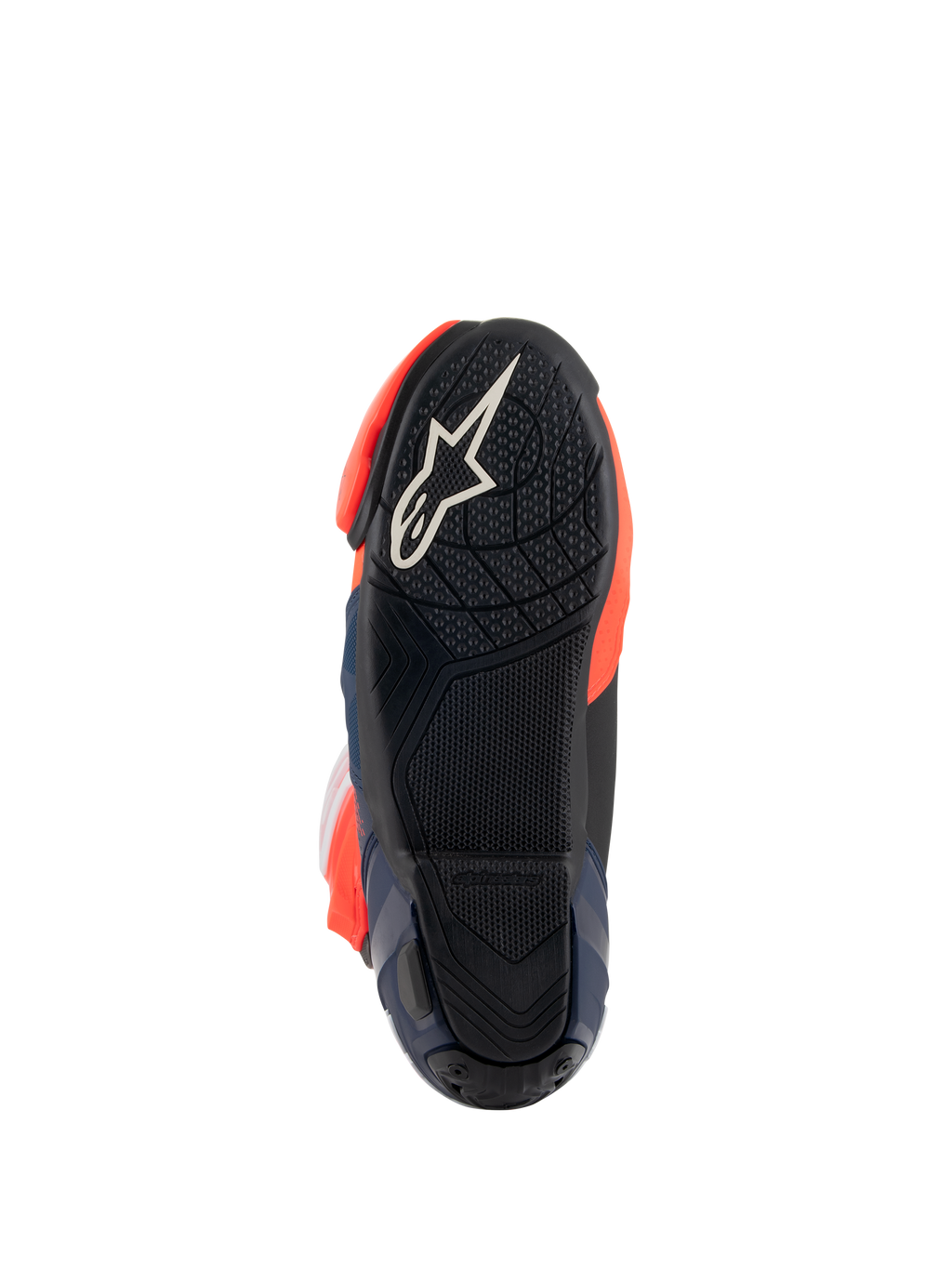 Alpinestars Supertech R Vented MM93 Replica Stiefel, Sohlenansicht mit schwarzer Gummiaußensohle und weißem Stern-Logo, strukturiertes Grip-Muster für Fußrasten, fluoreszierend rote und dunkelblaue Akzente, Racing-Performance-Schuhdesign