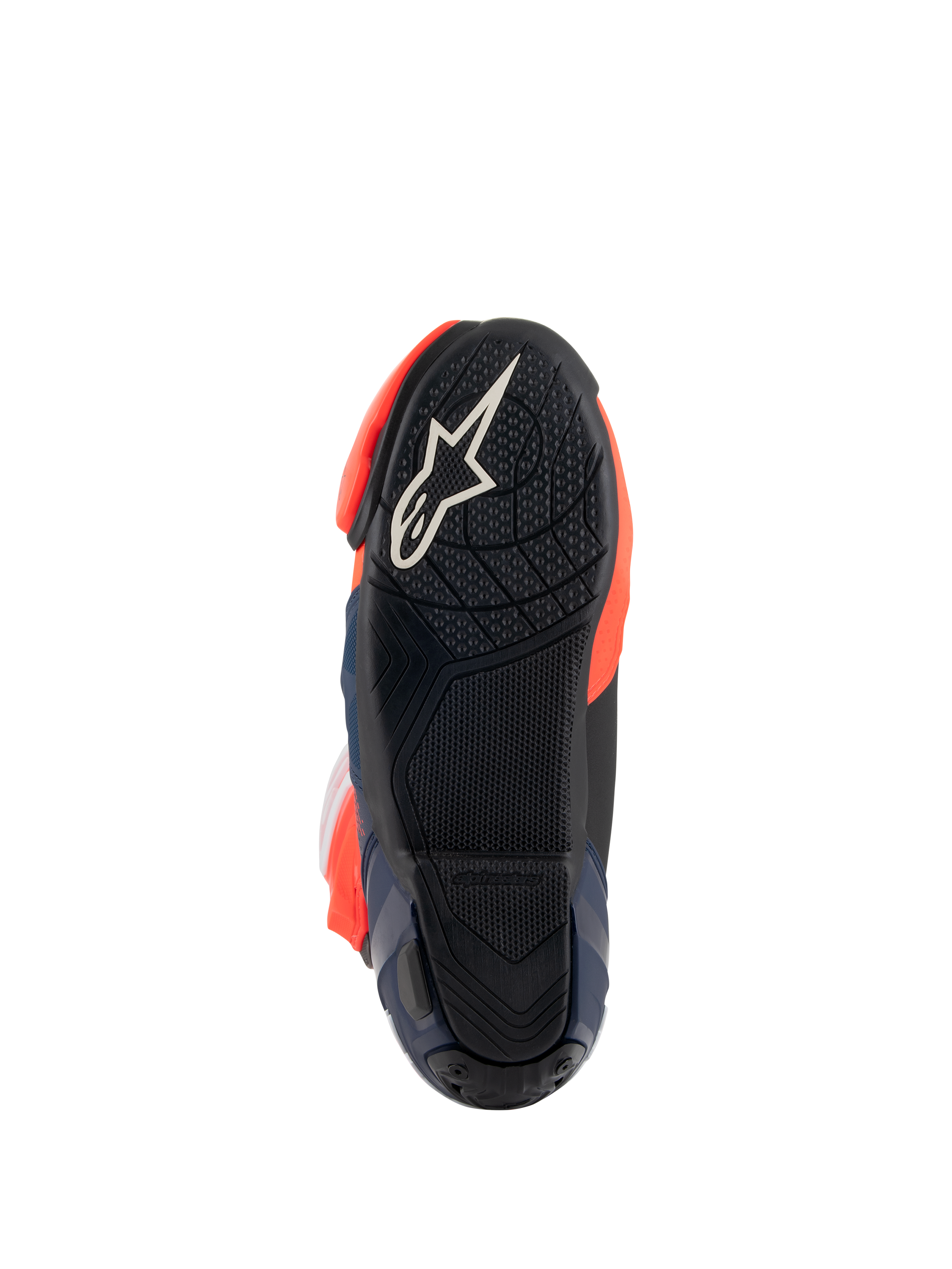 Alpinestars Supertech R Vented MM93 Replica Stiefel, Sohlenansicht mit schwarzer Gummiaußensohle und weißem Stern-Logo, strukturiertes Grip-Muster für Fußrasten, fluoreszierend rote und dunkelblaue Akzente, Racing-Performance-Schuhdesign