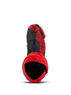 Alpinestars Supertech R LE Pecco Bagnaia Vented Boots, Red and Black, top-down view showing interior opening and perforated microfiber upper, bold graphic design with black accents, professional motorcycle racing gear