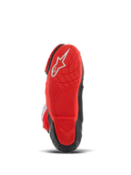 Alpinestars Supertech R LE Pecco Bagnaia Vented Boots, Motorcycle Racing Boots, Red and Black, bottom view featuring red rubber sole with white logo and textured tread for grip