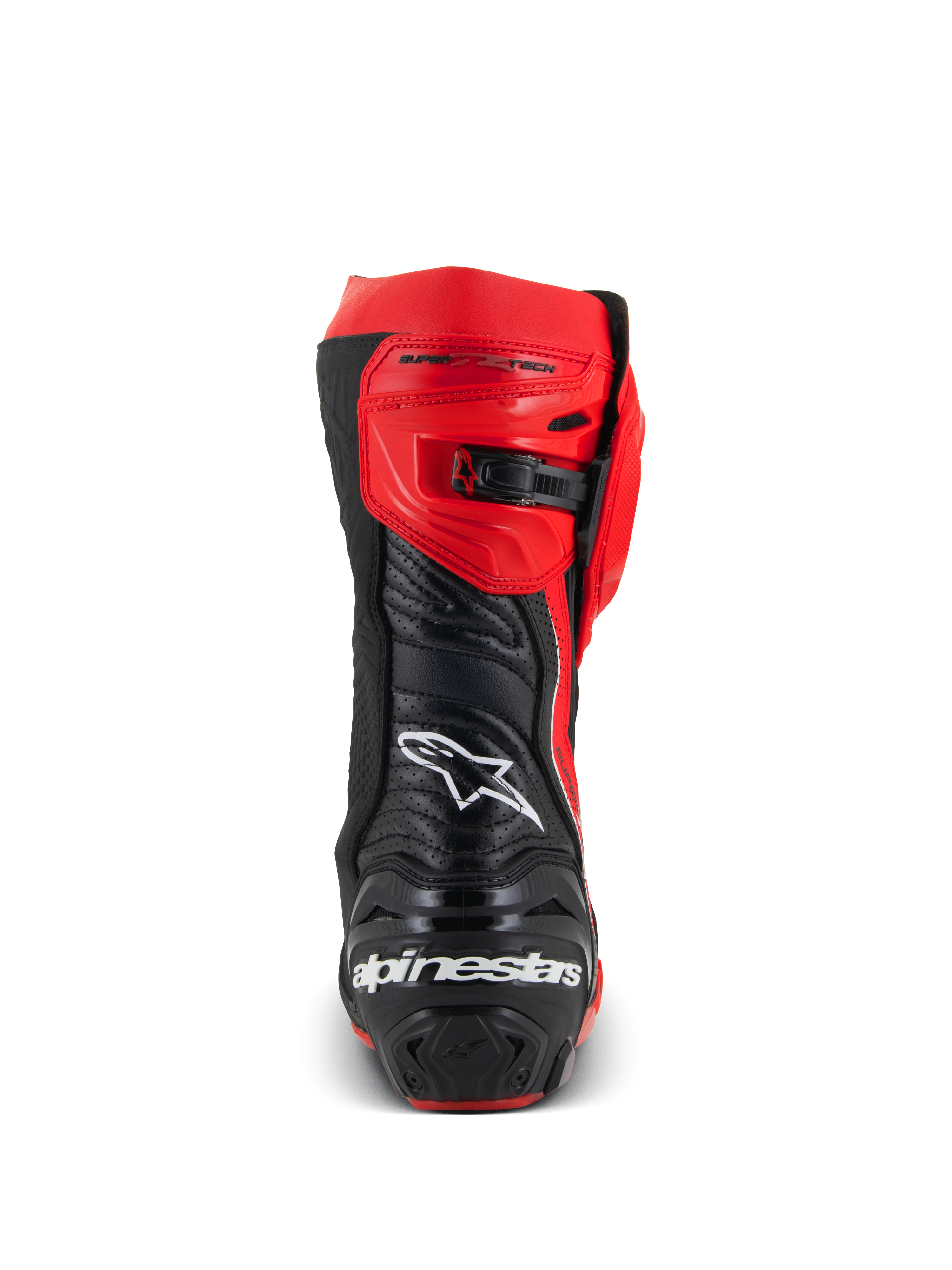 Alpinestars Supertech R LE Pecco Bagnaia Vented Boots, Rear view of a red and black motorcycle racing boot, perforated leather design, white Alpinestars logo on the back, adjustable ratchet closure, professional track gear
