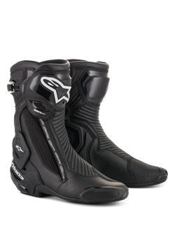Alpinestars SMX Plus V2 Boots, Motorcycle Racing Boots, Black with White Logo on the shin, High Ankle Design, Reinforced Toe Sliders and Heel Protection, Side Zipper Closure, Ribbed Accordion Texture Panels for flexibility, Aerodynamic Construction
