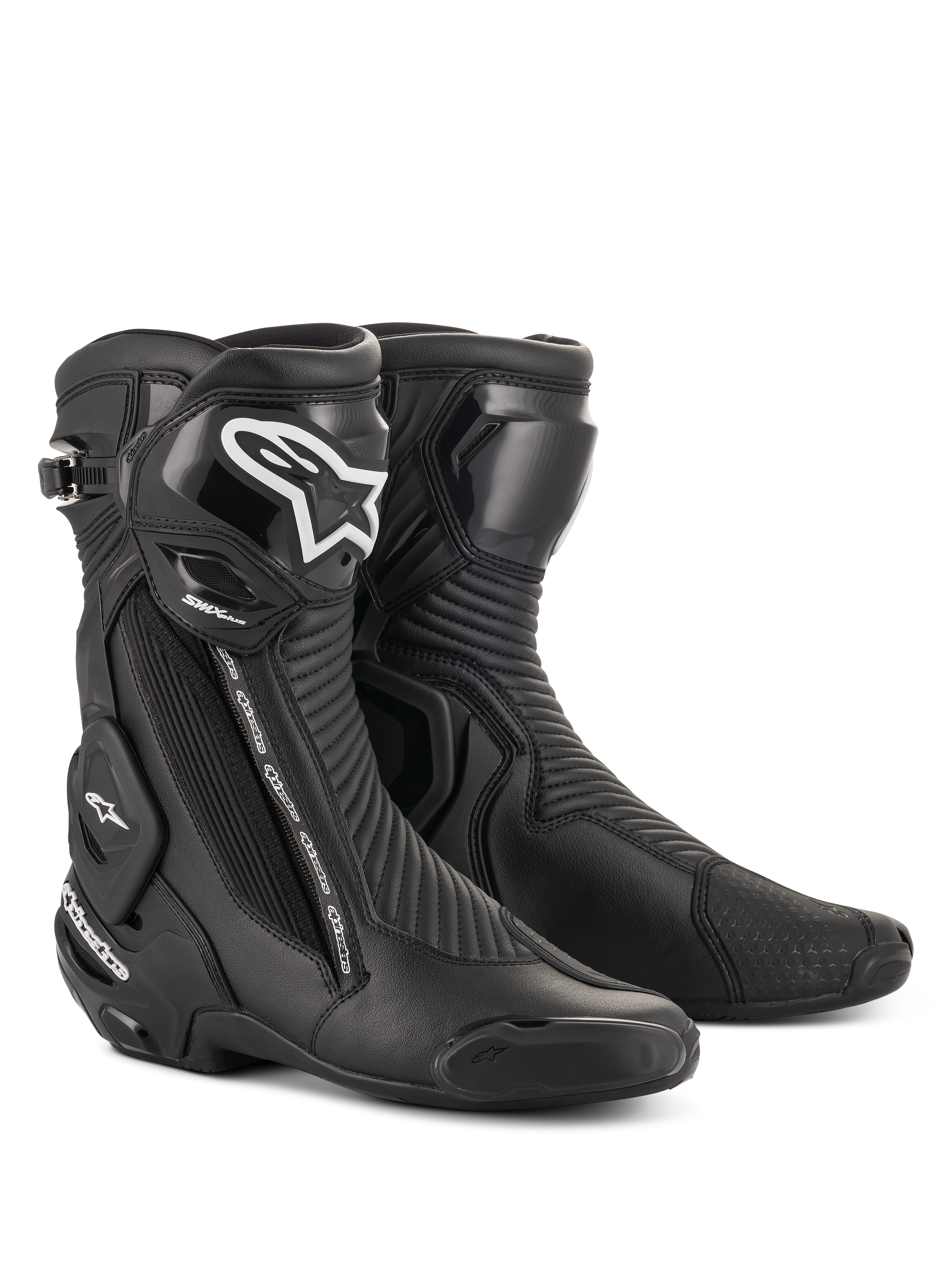 Alpinestars SMX Plus V2 Boots, Motorcycle Racing Boots, Black with White Logo on the shin, High Ankle Design, Reinforced Toe Sliders and Heel Protection, Side Zipper Closure, Ribbed Accordion Texture Panels for flexibility, Aerodynamic Construction
