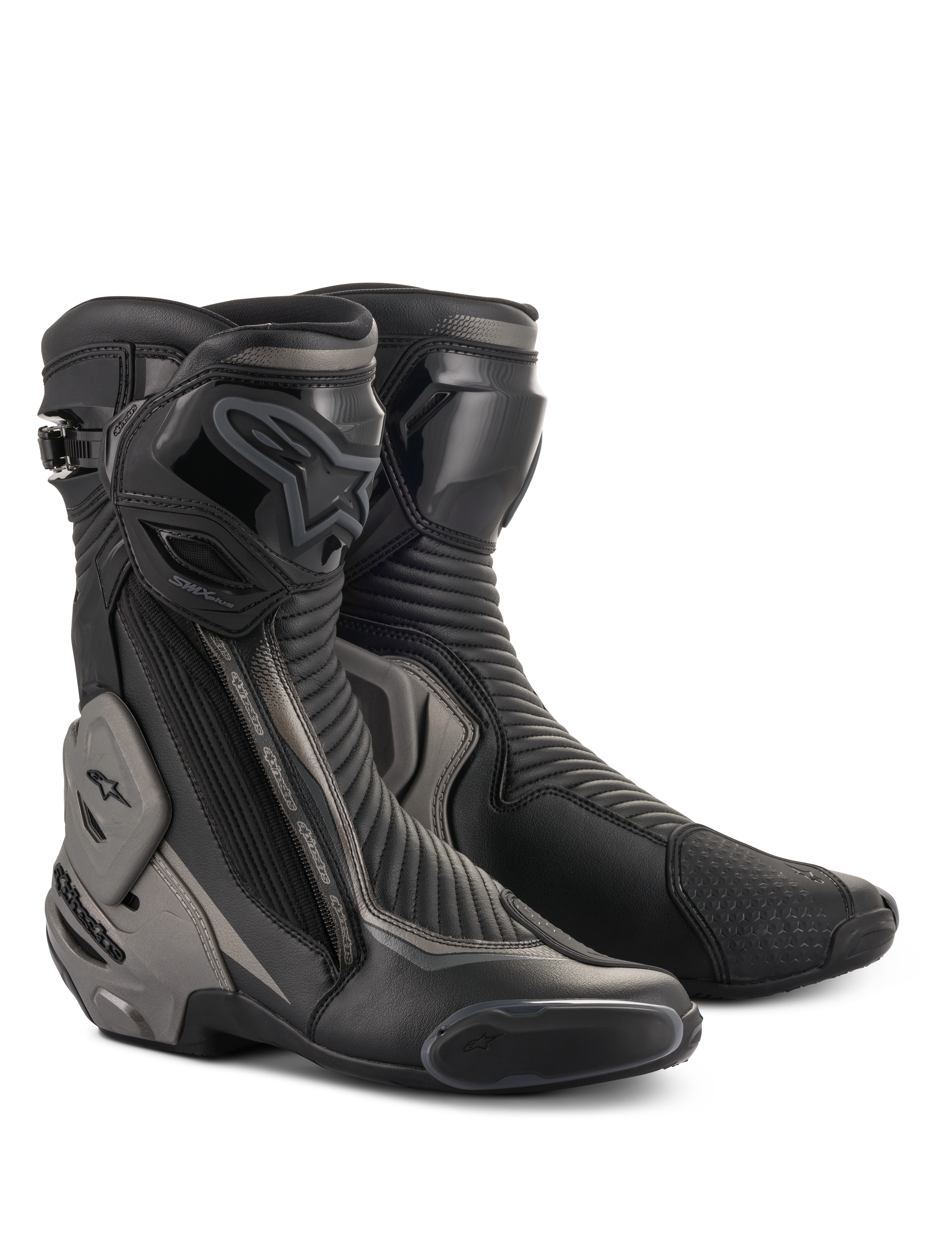 Alpinestars SMX Plus V2 Stiefel, Renn- und Sport-Motorradstiefel, Schwarz und Dunkelgrau, mit fortschrittlichem Multi-Link Control Knöchelschutz, TPU-Schienbeinplatte und austauschbaren Schleifern, stromlinienförmige Mikrofaser-Konstruktion für die Straße