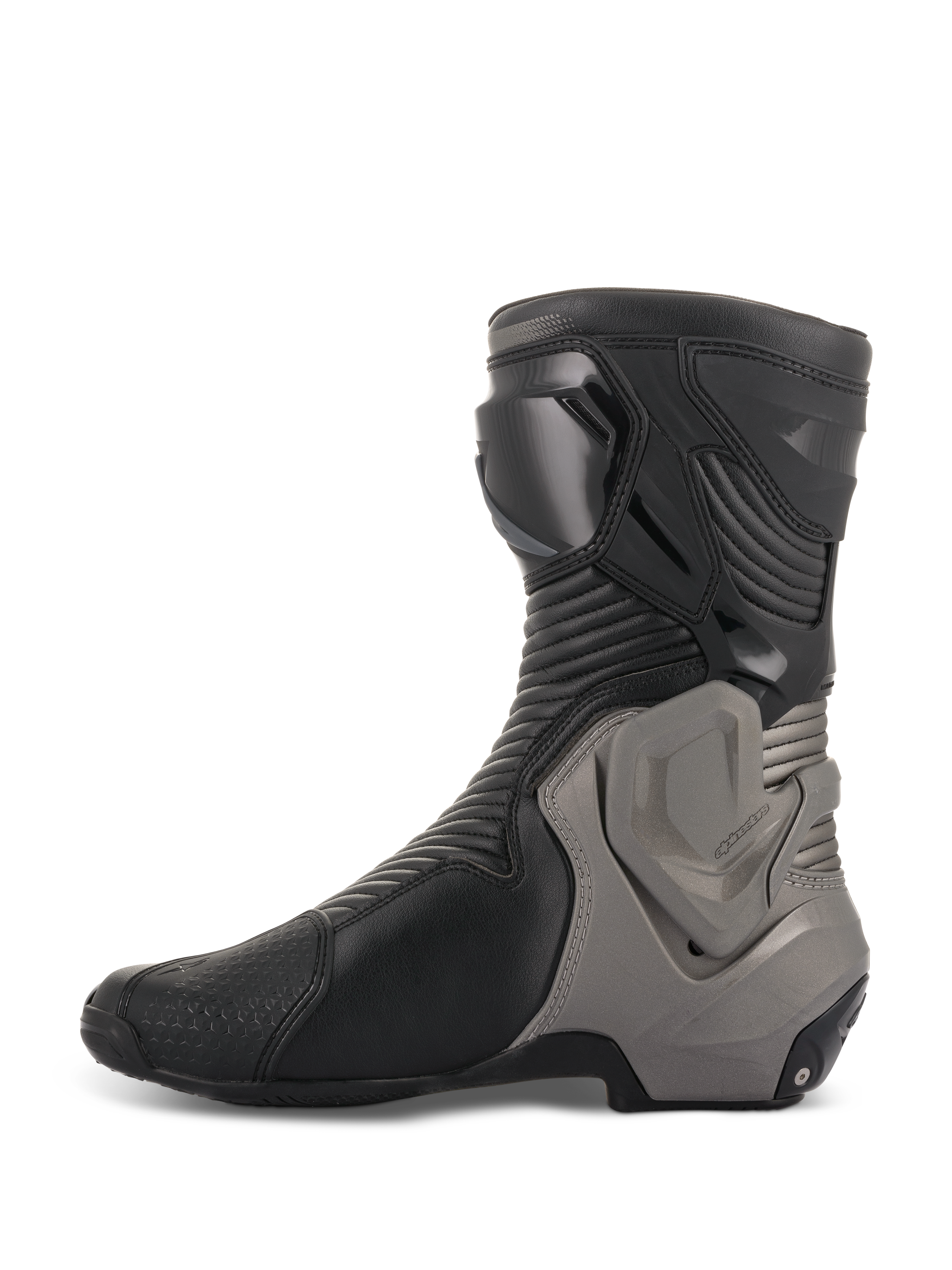 Alpinestars SMX Plus V2 Stiefel, Motorrad-Rennstiefel, Schwarz und Dunkelgrau, Seitenprofil mit Obermaterial aus Mikrofaser, Akkordeon-Flex-Einsätzen und grauem Multi-Link Control Knöchelschutzsystem