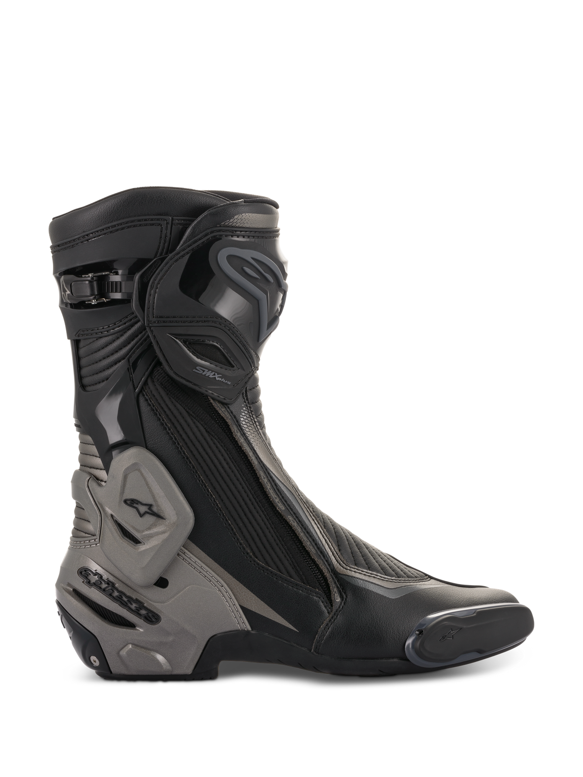Alpinestars SMX Plus V2 Stiefel, Motorrad-Rennstiefel, Schwarz und Dunkelgrau, Seitenprofil mit fortschrittlicher TPU-Schienbeinplatte und Fersenkappe, Multi-Link Control System, flexiblen Akkordeon-Zonen, seitlichem Reißverschluss und aerodynamischer Mikrofaser-Konstruktion für Performance-Fahrten