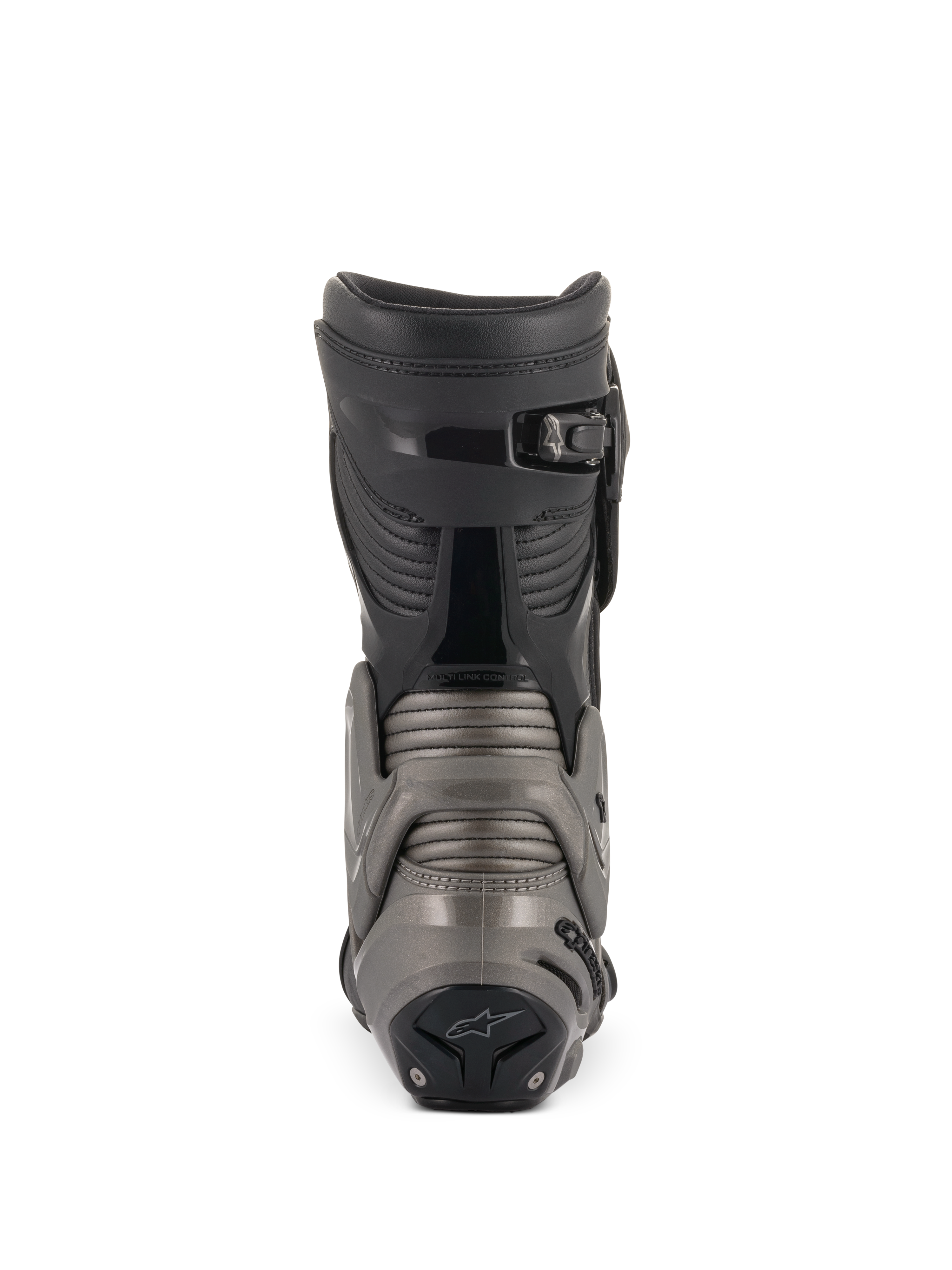 Alpinestars SMX Plus V2 Stiefel, Schwarz und Dunkelgrau, Rückansicht mit Multi-Link Control-System, Achilles-Akkordeon-Panelen und mikroverstellbarem Ratschenverschluss oben für fortschrittlichen Motorradschutz.