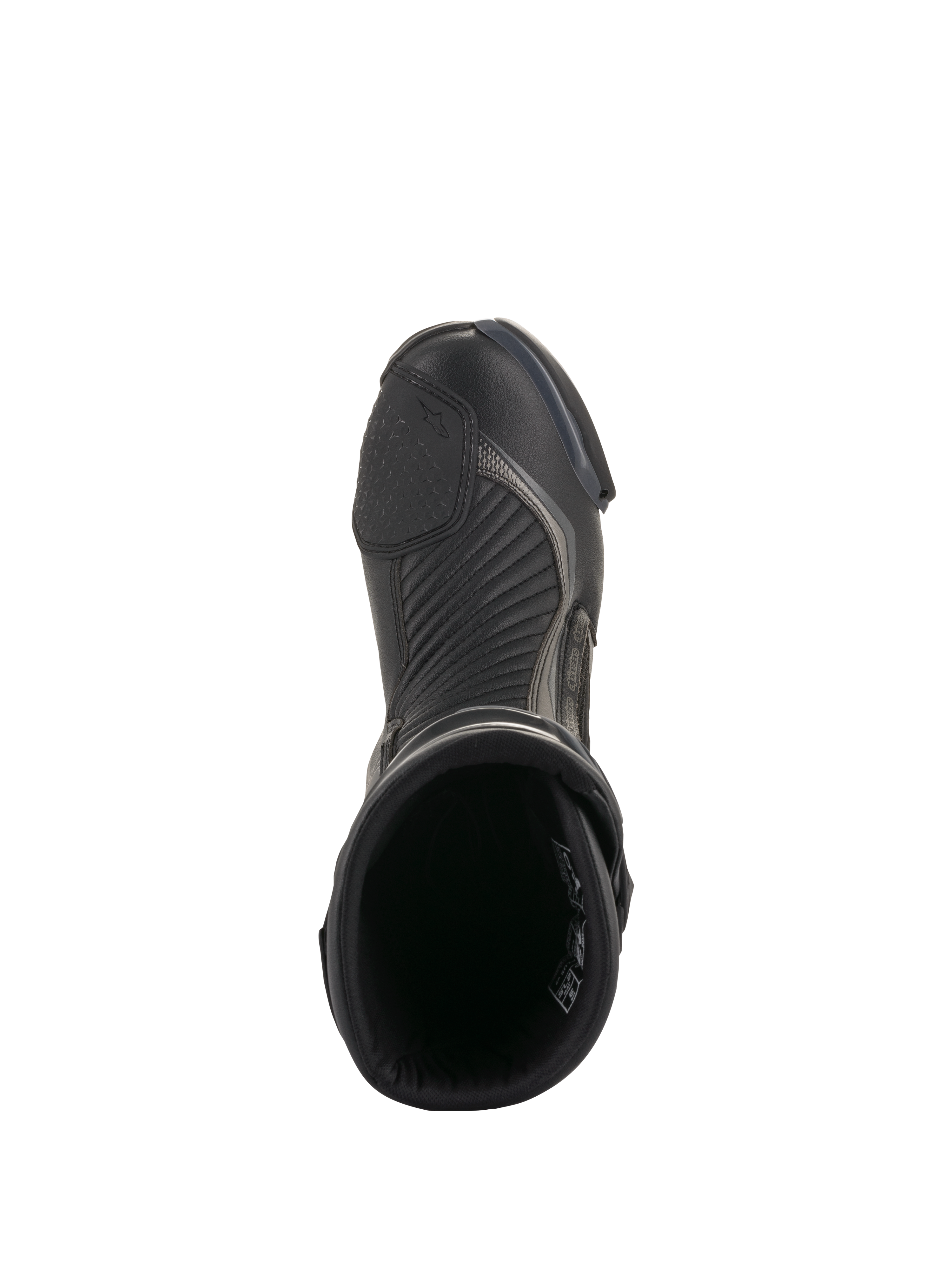 Alpinestars SMX Plus V2 Stiefel, Schwarz und Dunkelgrau, Draufsicht eines einzelnen Motorrad-Rennstiefels, mit strukturierter Schaltverstärkung, Akkordeon-Flexzonen und oben offenem Design, schlankes Performance-Schuhwerk für den Straßeneinsatz