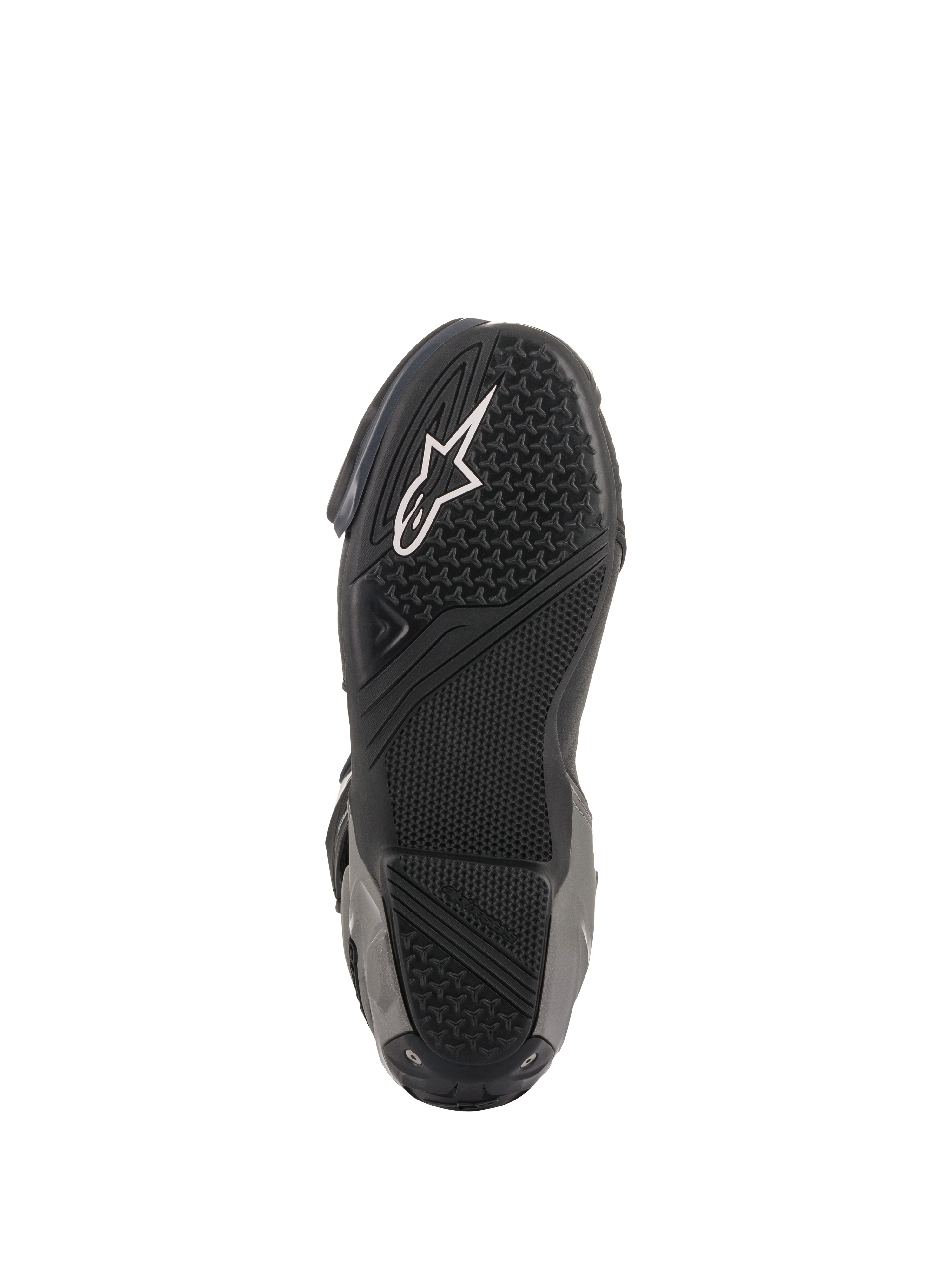 Alpinestars SMX Plus V2 Stiefel, Rennsport/Sport-Motorradstiefel, Schwarz und Dunkelgrau, Unteransicht der texturierten Gummisohle mit weißem Astar-Logo und speziellen Grip-Zonen für Traktion auf den Fußrasten.