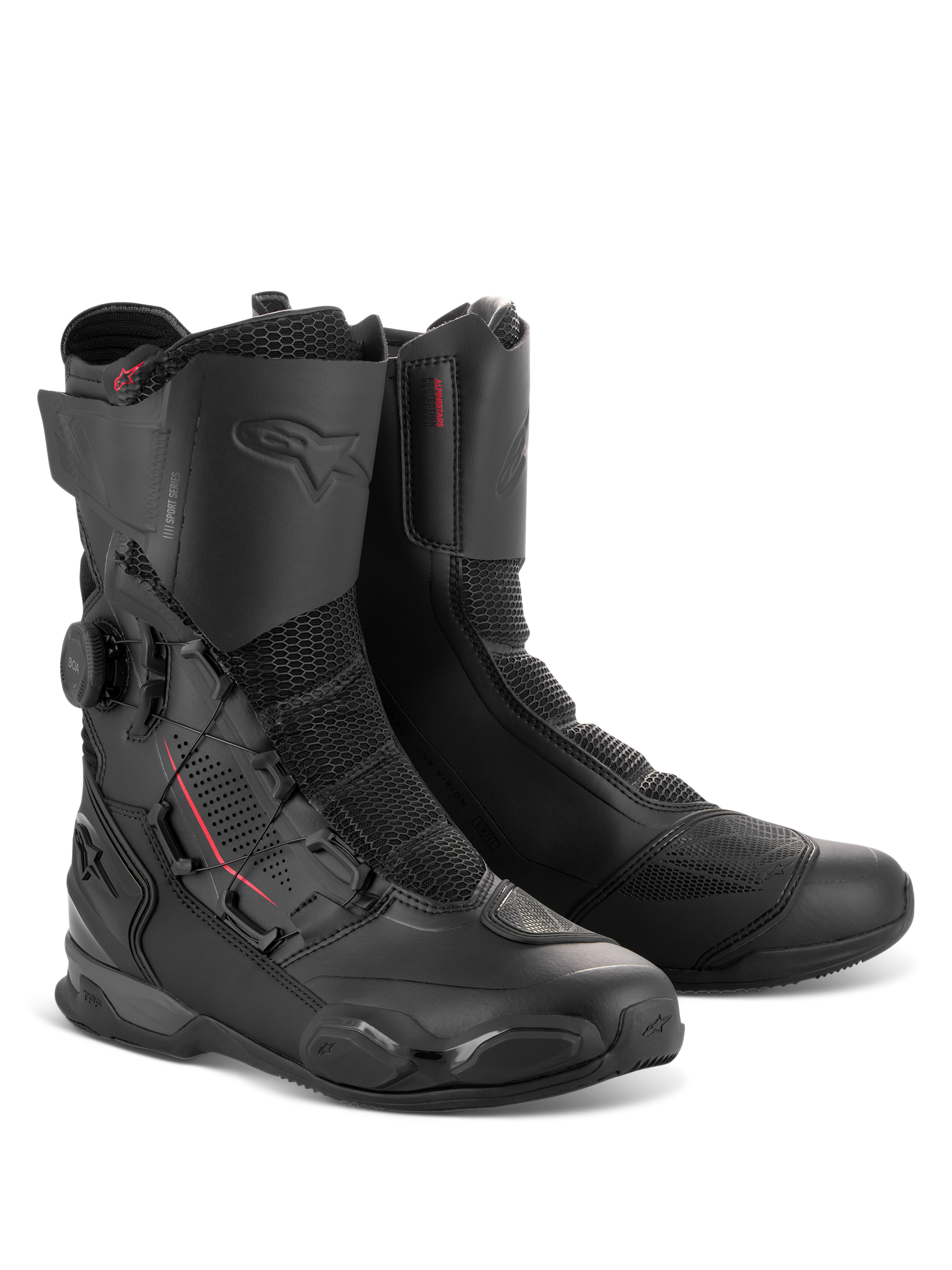 Alpinestars SP-X BOA® Boots, mittelhohe Sport-Motorradstiefel in Schwarz-Schwarz, mit seitlichem BOA® Fit System Drehverschluss, Rideknit®-Mesh-Einsätzen und TPU-Schutzverstärkungen für den Straßeneinsatz