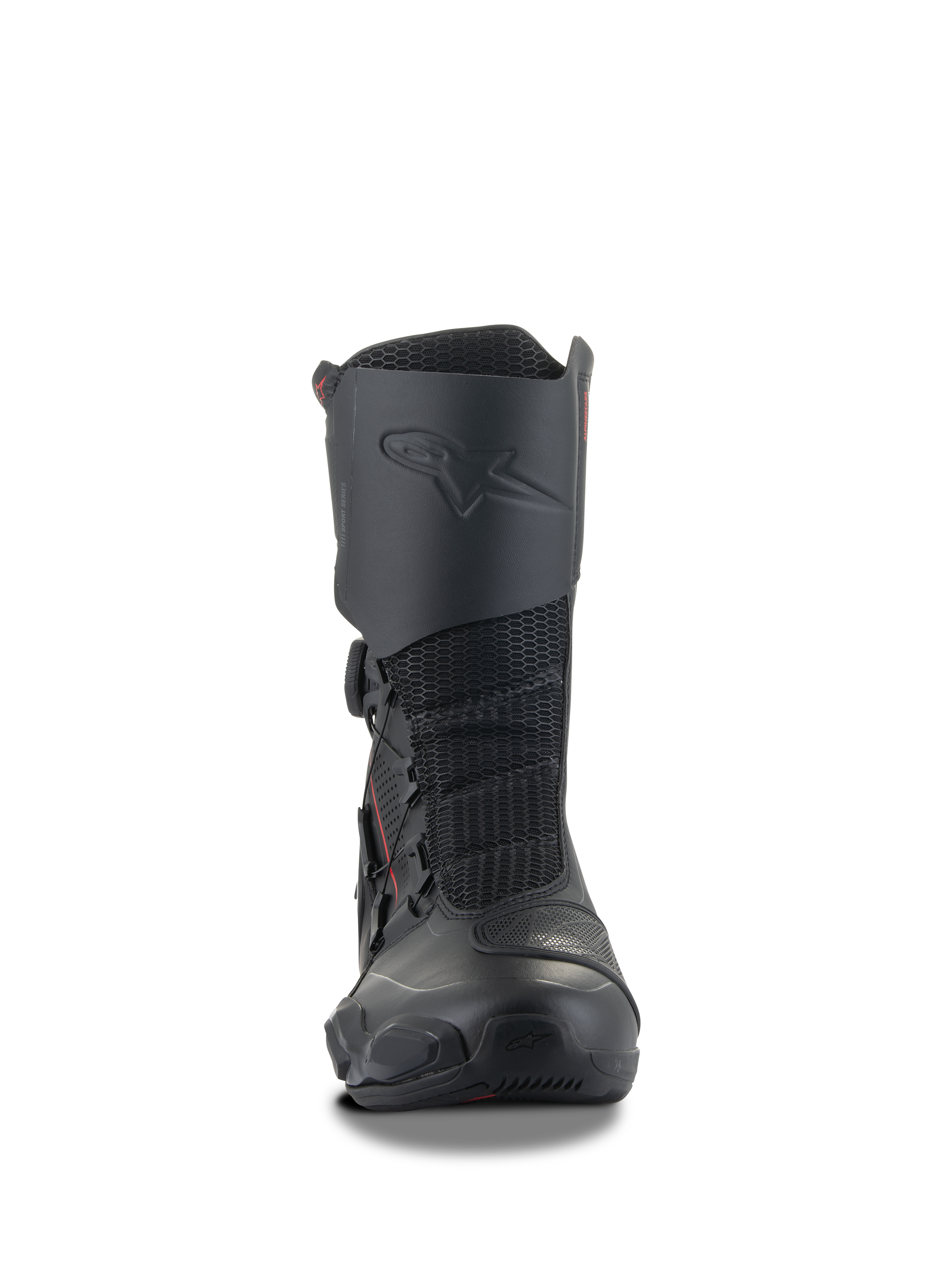 Alpinestars SP-X BOA® Stiefel, schwarze Motorrad-Sportstiefel, mittelhohes Design mit integriertem Schienbeinschutz, Mesh-Flex-Einsätzen und seitlichem BOA®-Verschlusssystem, schlankes ergonomisches Profil für Sport-Touring