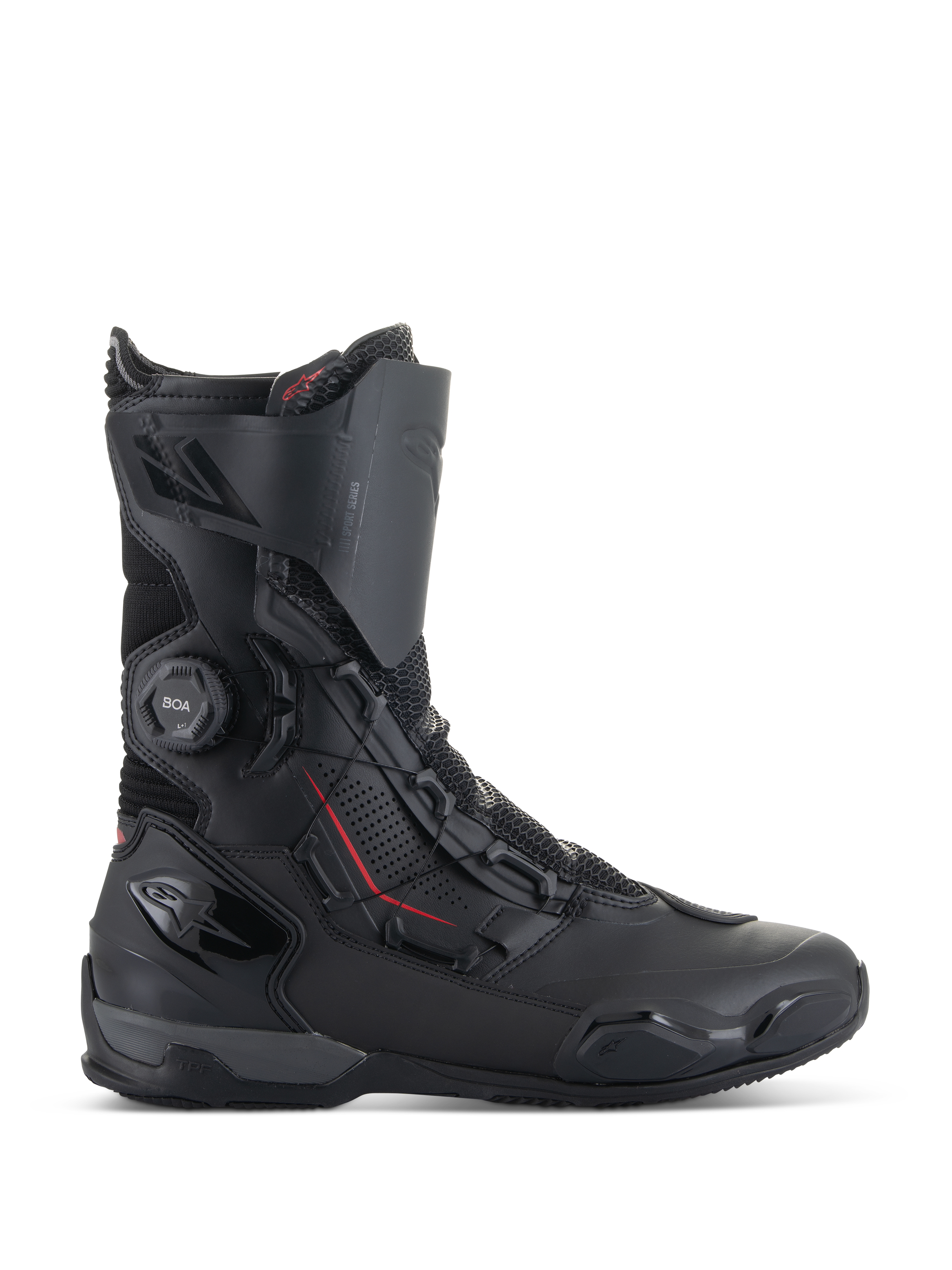 Alpinestars SP-X BOA® Stiefel, Motorrad-Sportstiefel, Schwarz mit roten Akzenten, BOA® Fit System-Drehverschluss, mittelhohe Konstruktion mit Mikrofaser- und Mesh-Einsätzen, TPU-Fersen- und Zehenschutz, schlankes Design für Straßenfahrten