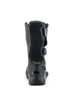 Alpinestars SP-X BOA Stiefel, mittelhohe Motorrad-Sportstiefel, Schwarz, Rückansicht mit Fokus auf das gerippte Akkordeon-Flex-Panel, die verstärkte TPU-Fersenkappe und den seitlichen BOA Fit System Drehverschluss