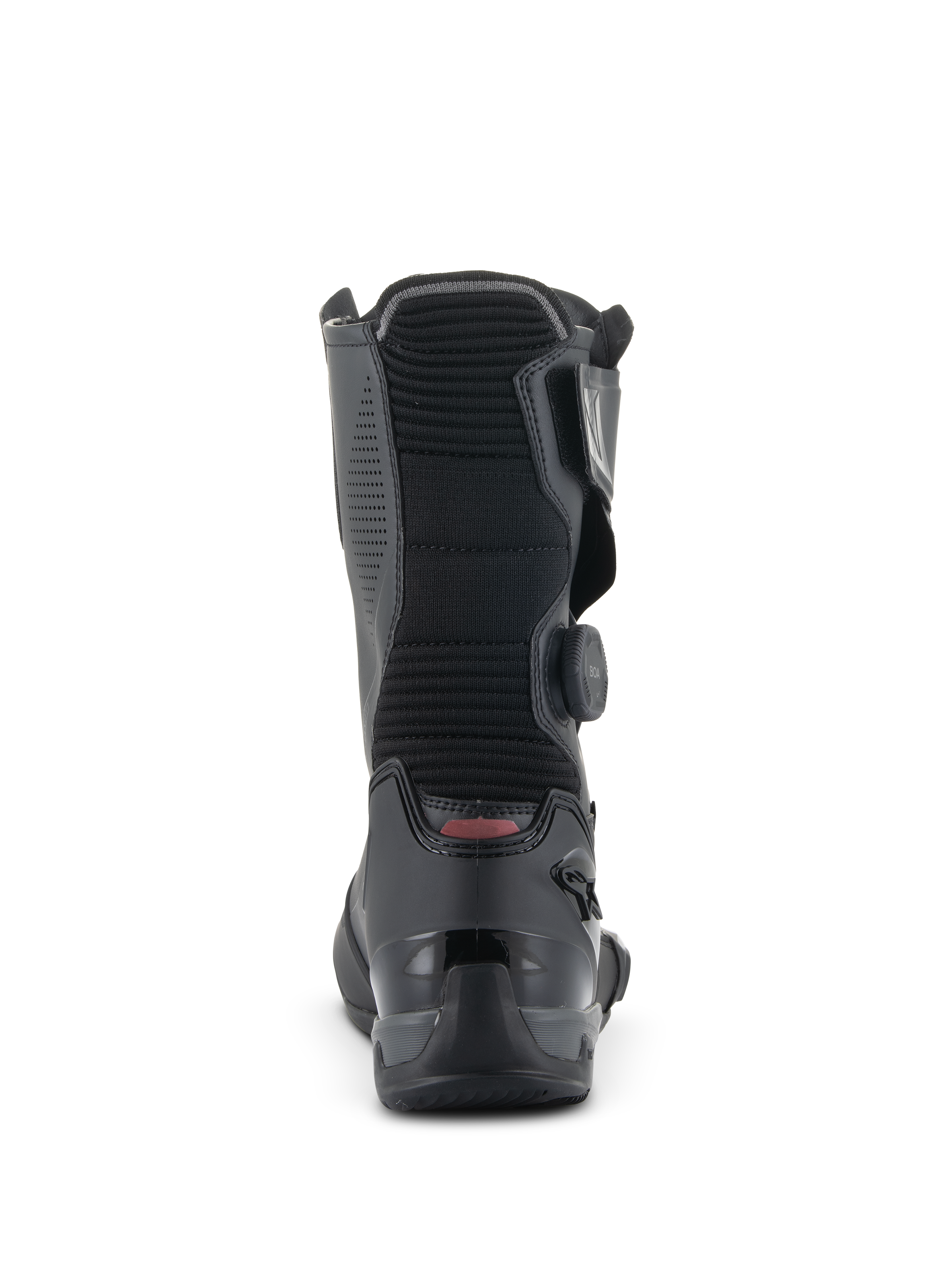 Alpinestars SP-X BOA Stiefel, mittelhohe Motorrad-Sportstiefel, Schwarz, Rückansicht mit Fokus auf das gerippte Akkordeon-Flex-Panel, die verstärkte TPU-Fersenkappe und den seitlichen BOA Fit System Drehverschluss