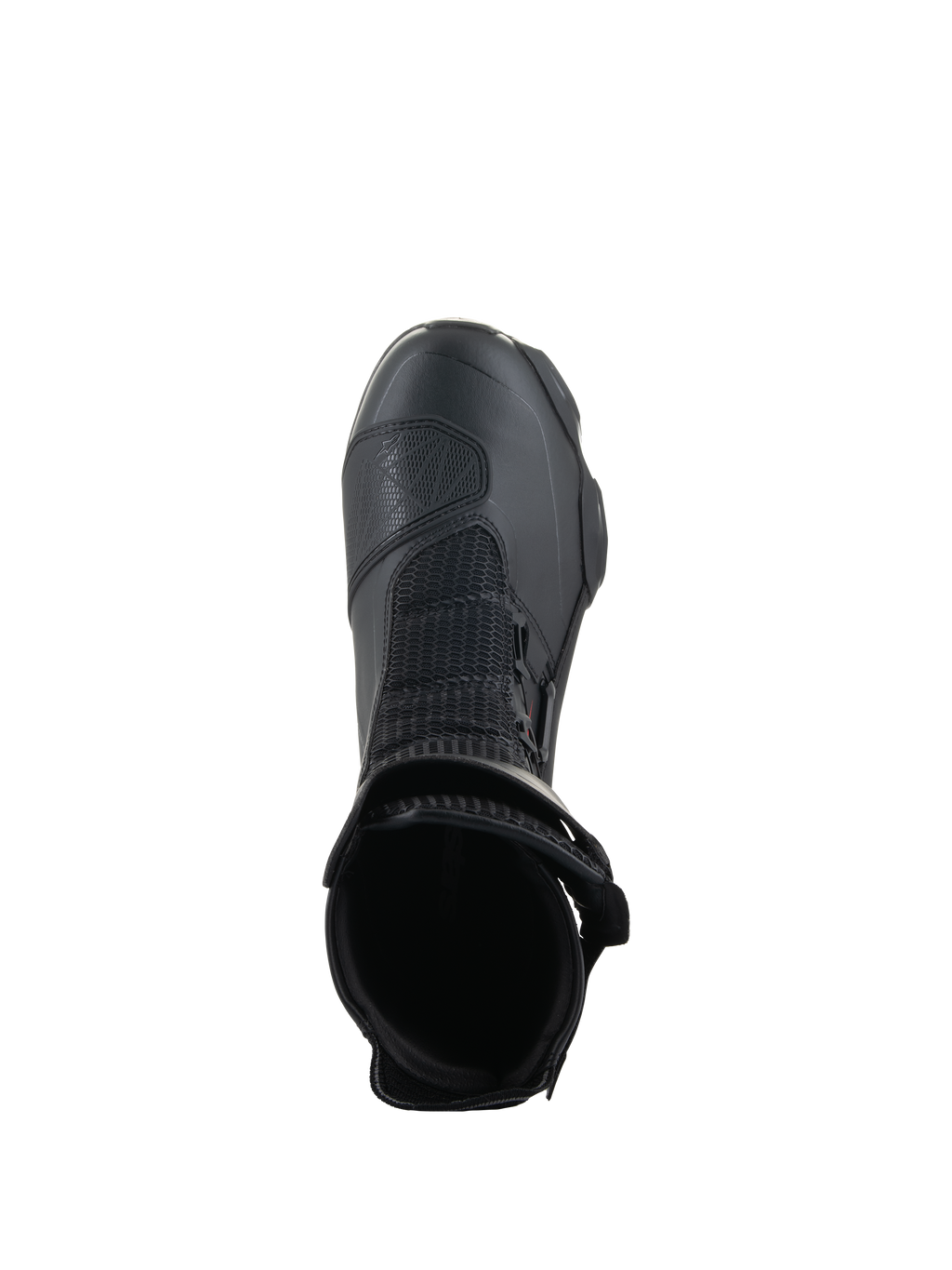Alpinestars SP-X BOA® Stiefel, Schwarz, Draufsicht mit Blick in die Knöchelöffnung, mit Rideknit® Mesh und dem seitlich angebrachten BOA® Fit System, eleganter mittelhoher Sport-Motorradstiefel