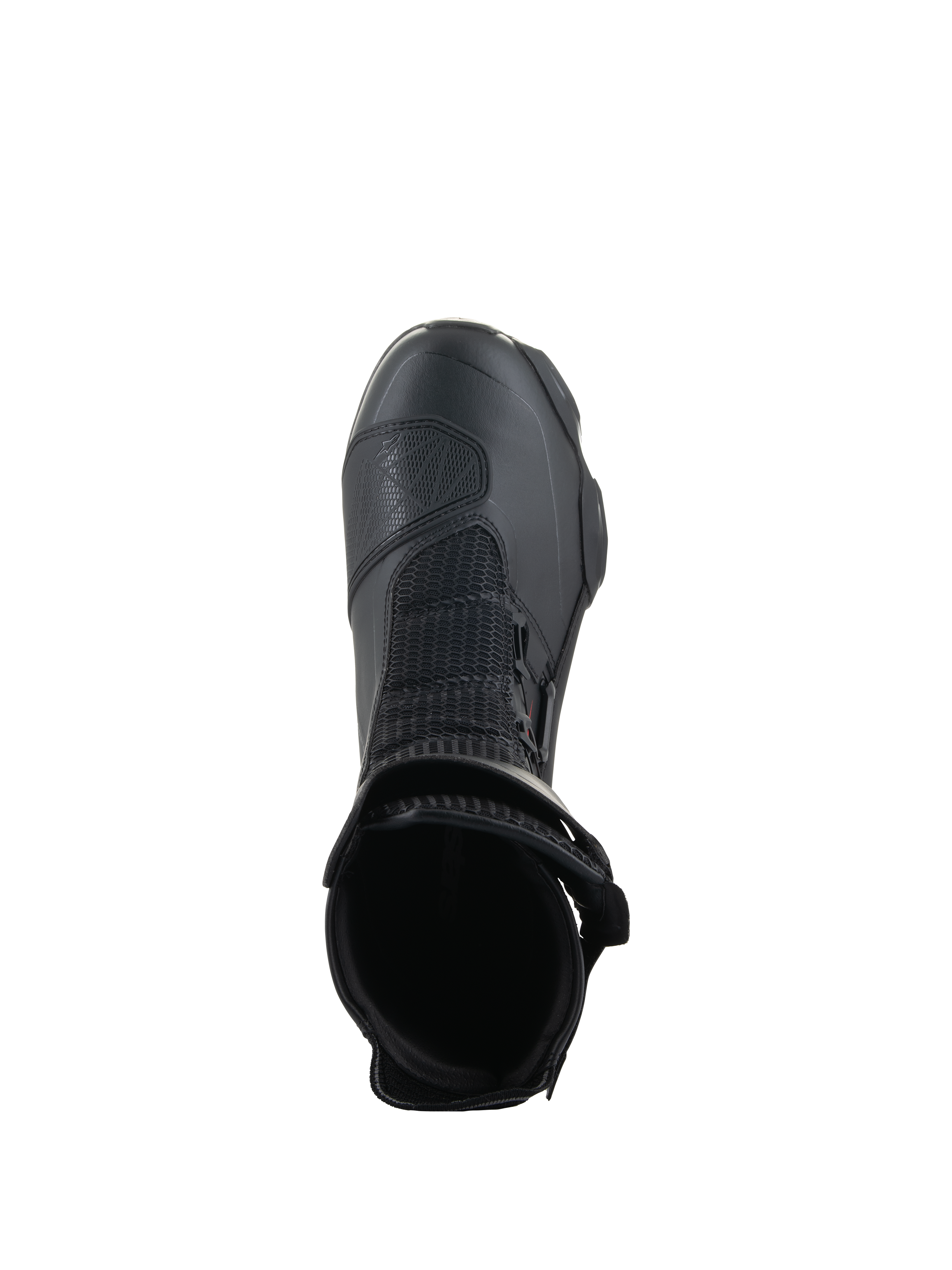 Alpinestars SP-X BOA® Stiefel, Schwarz, Draufsicht mit Blick in die Knöchelöffnung, mit Rideknit® Mesh und dem seitlich angebrachten BOA® Fit System, eleganter mittelhoher Sport-Motorradstiefel