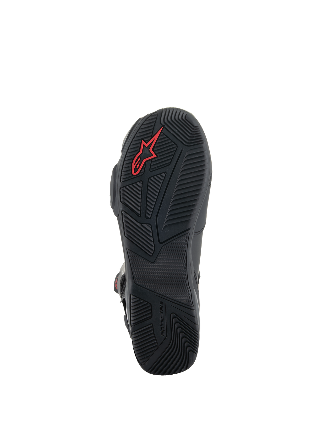 Alpinestars SP-X BOA® Stiefel, schwarze Motorradstiefel, Detailansicht der Gummisohle mit strukturierten Profilmustern, rotem Alpinestars-Logo und asymmetrischem Fersendesign für Stabilität beim Gehen.