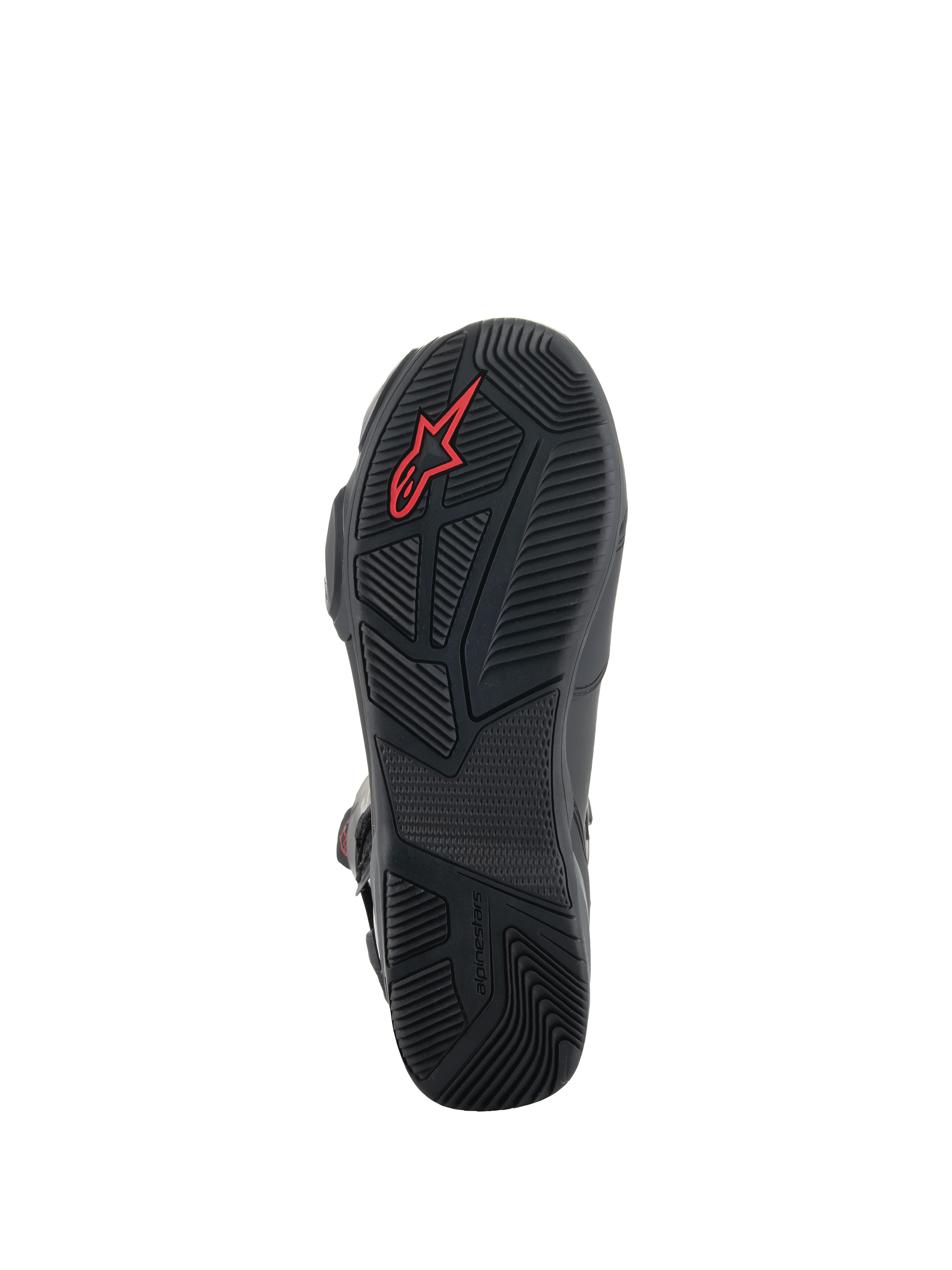 Alpinestars SP-X BOA® Stiefel, schwarze Motorradstiefel, Detailansicht der Gummisohle mit strukturierten Profilmustern, rotem Alpinestars-Logo und asymmetrischem Fersendesign für Stabilität beim Gehen.
