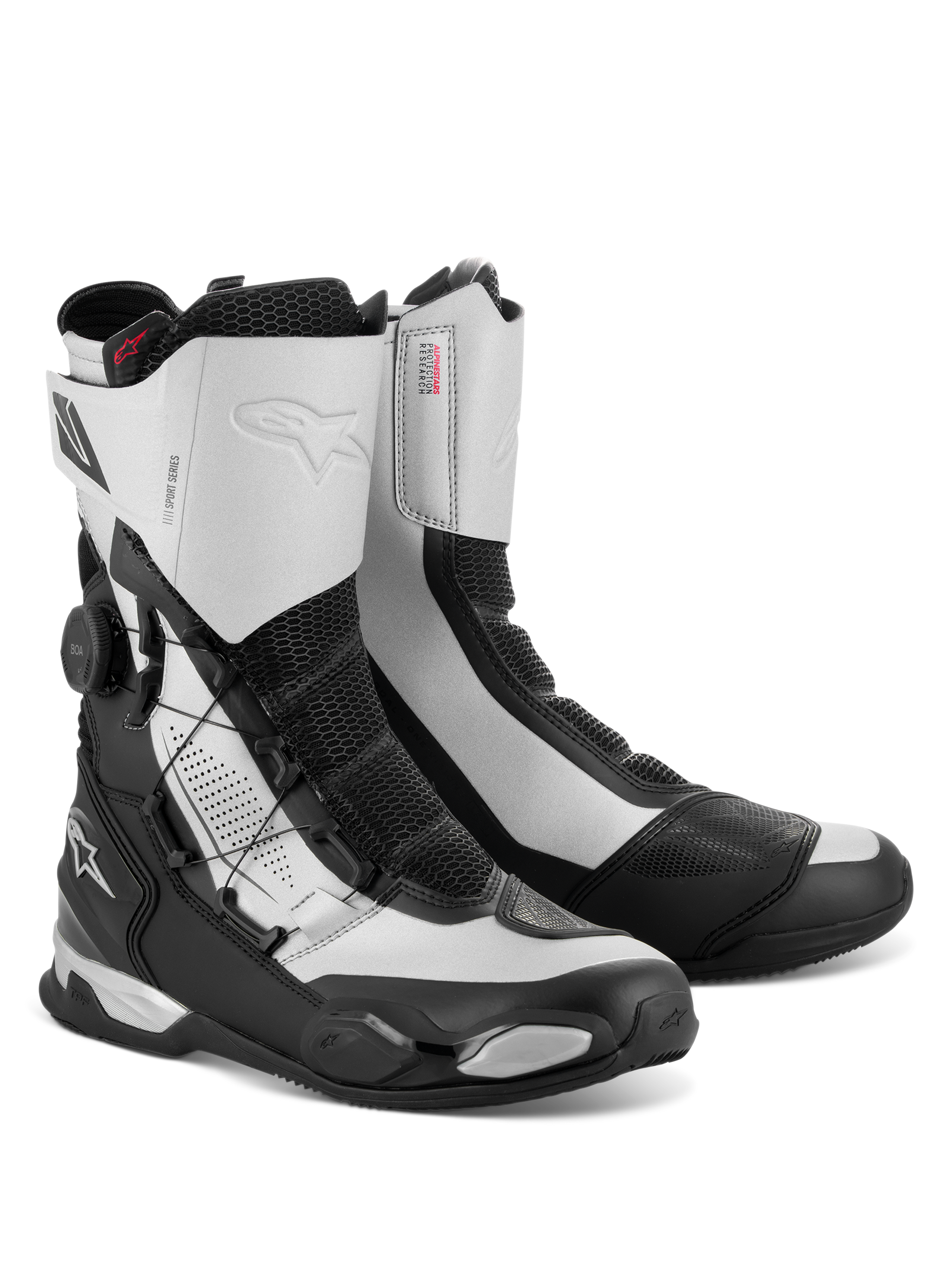Alpinestars SP-X BOA Stiefel, mittelhohe Motorrad-Sport-Tourenstiefel, Schwarz und Silber, mit seitlichem BOA Fit System Drehverschluss, Rideknit-Mesh-Einsätzen und TPU-Fersen- und Zehenschutz, elegantes sportliches Design mit Alpinestars-Logos