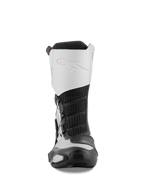 Alpinestars SP-X BOA Stiefel, Vorderansicht, Schwarz und Silber, mittelhohe Sport-Motorradstiefel mit weißem Mikrofaser-Obermaterial, geprägtem Logo, schwarzem Mesh-Mittelteil und schützenden TPU-Komponenten