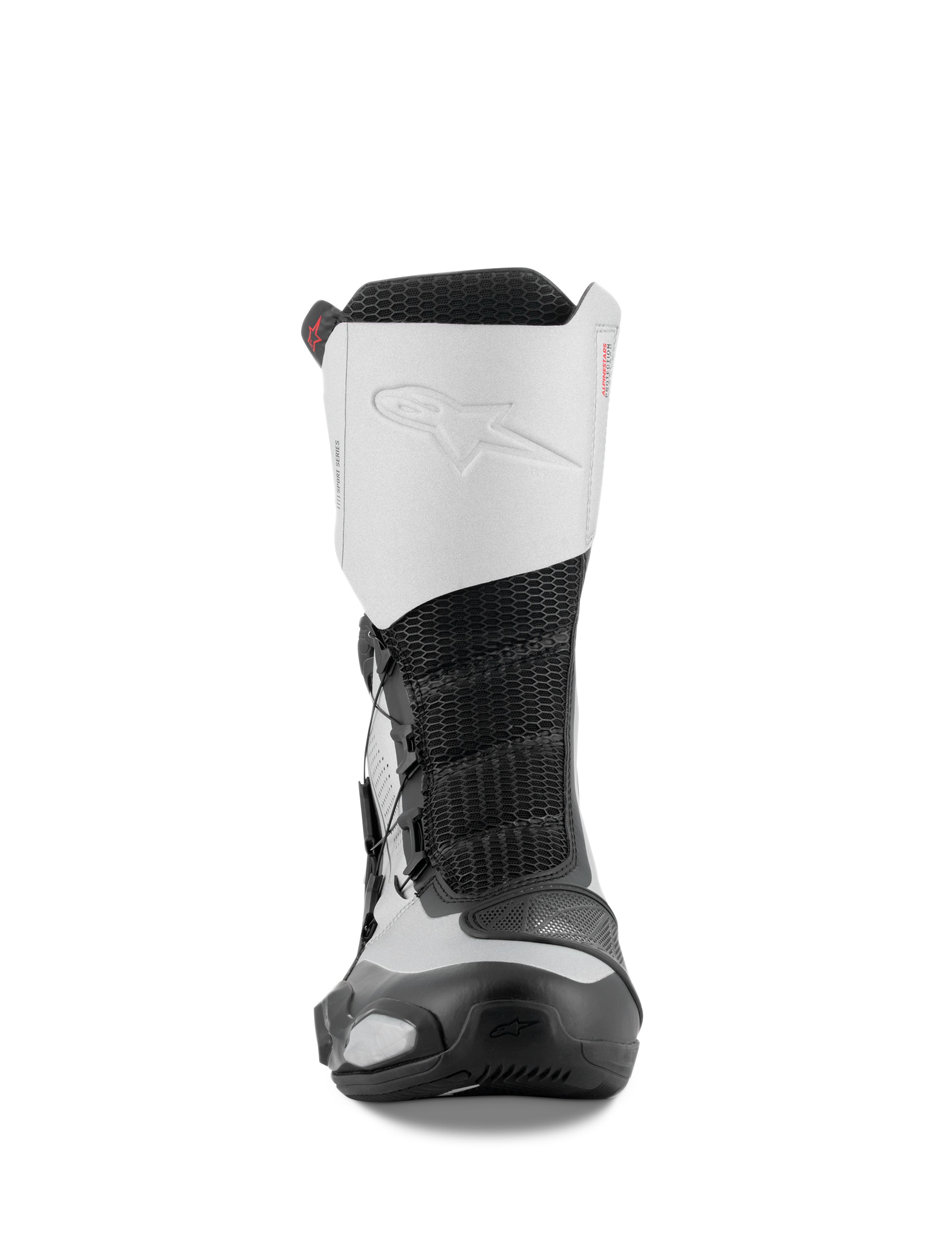 Alpinestars SP-X BOA Stiefel, Vorderansicht, Schwarz und Silber, mittelhohe Sport-Motorradstiefel mit weißem Mikrofaser-Obermaterial, geprägtem Logo, schwarzem Mesh-Mittelteil und schützenden TPU-Komponenten