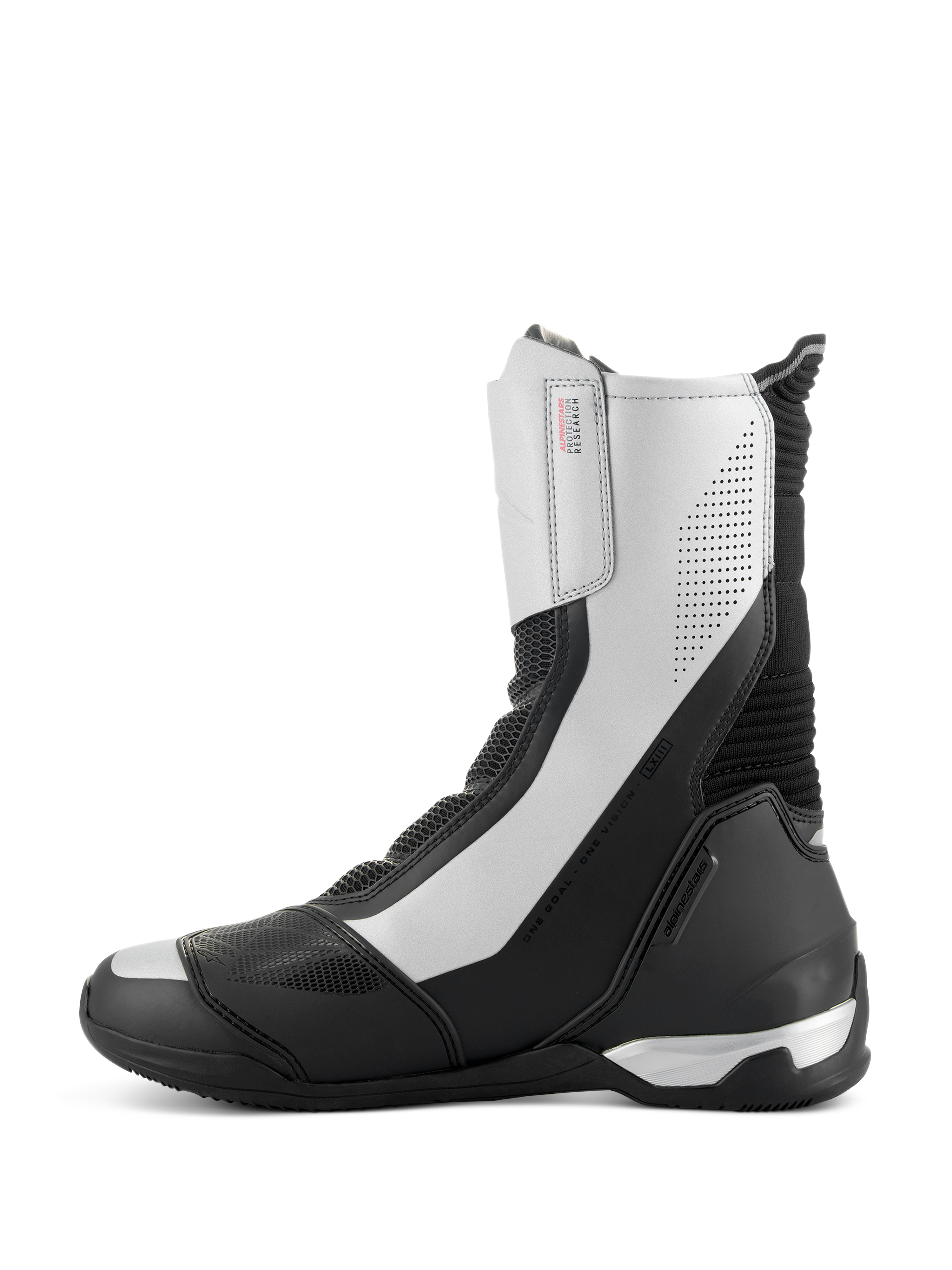 Alpinestars SP-X BOA Stiefel, mittelhohe Sport-Motorradstiefel, Schwarz und Silber, schlankes Seitenprofil mit silbernen Paneelen und perforierten Details, schwarze TPU-Fersenkappe und Alpinestars-Branding.