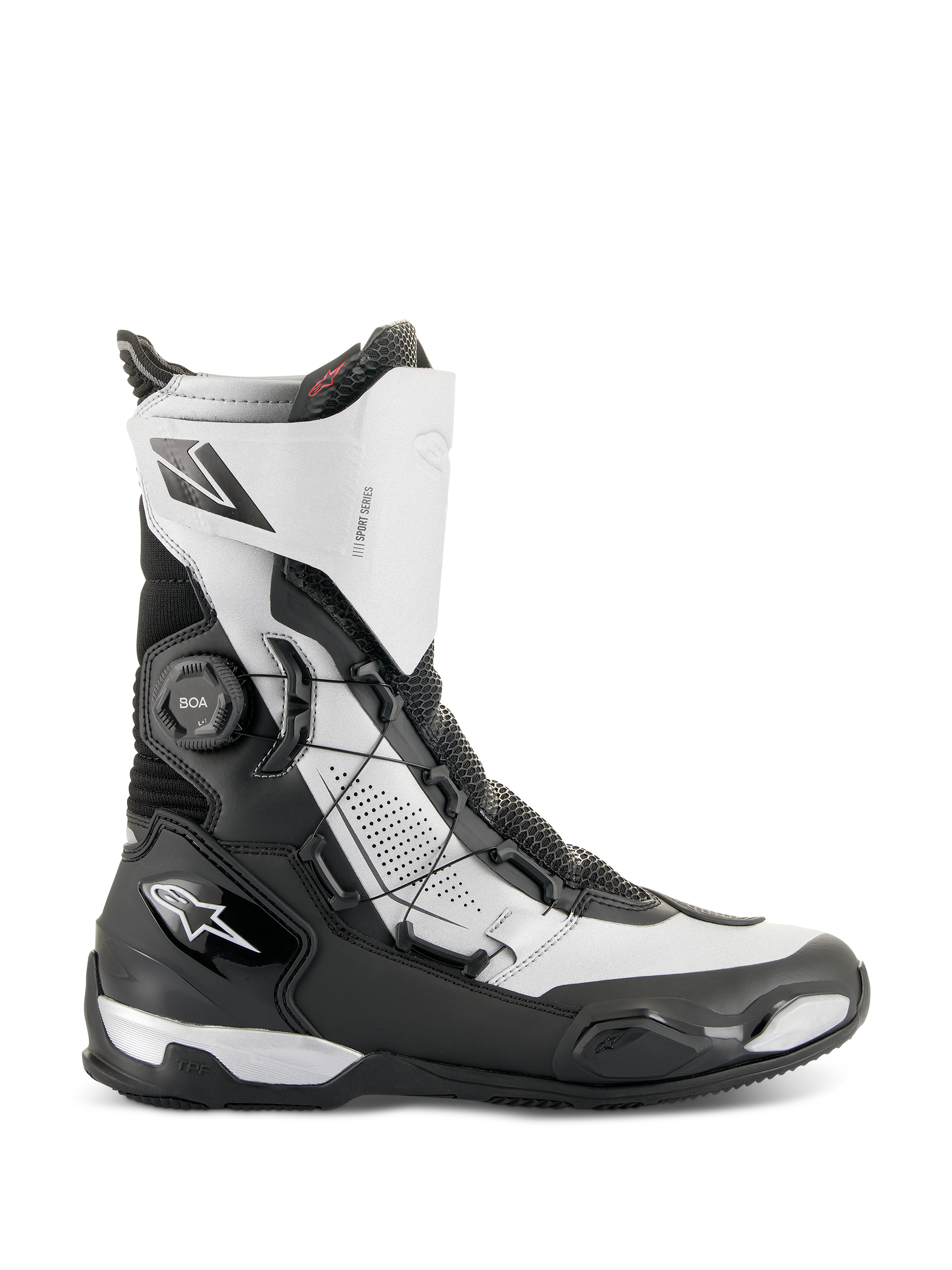 Alpinestars SP-X BOA® Stiefel, mittelhohe Motorrad-Sportstiefel, Schwarz und Silber, mit seitlichem BOA® Fit System, TPU-Schutz und atmungsaktivem Rideknit-Material, schlankes Design für Sport- und Tourenfahrten