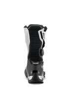 Alpinestars SP-X BOA® Stiefel, Schwarz und Silber, Rückansicht eines mittelhohen Sport-Touring-Motorradstiefels, mit schwarzer TPU-Fersenkappe, silbernen Seitenpaneelen und seitlichem BOA® Fit System-Drehverschluss, elegantes und schützendes Design