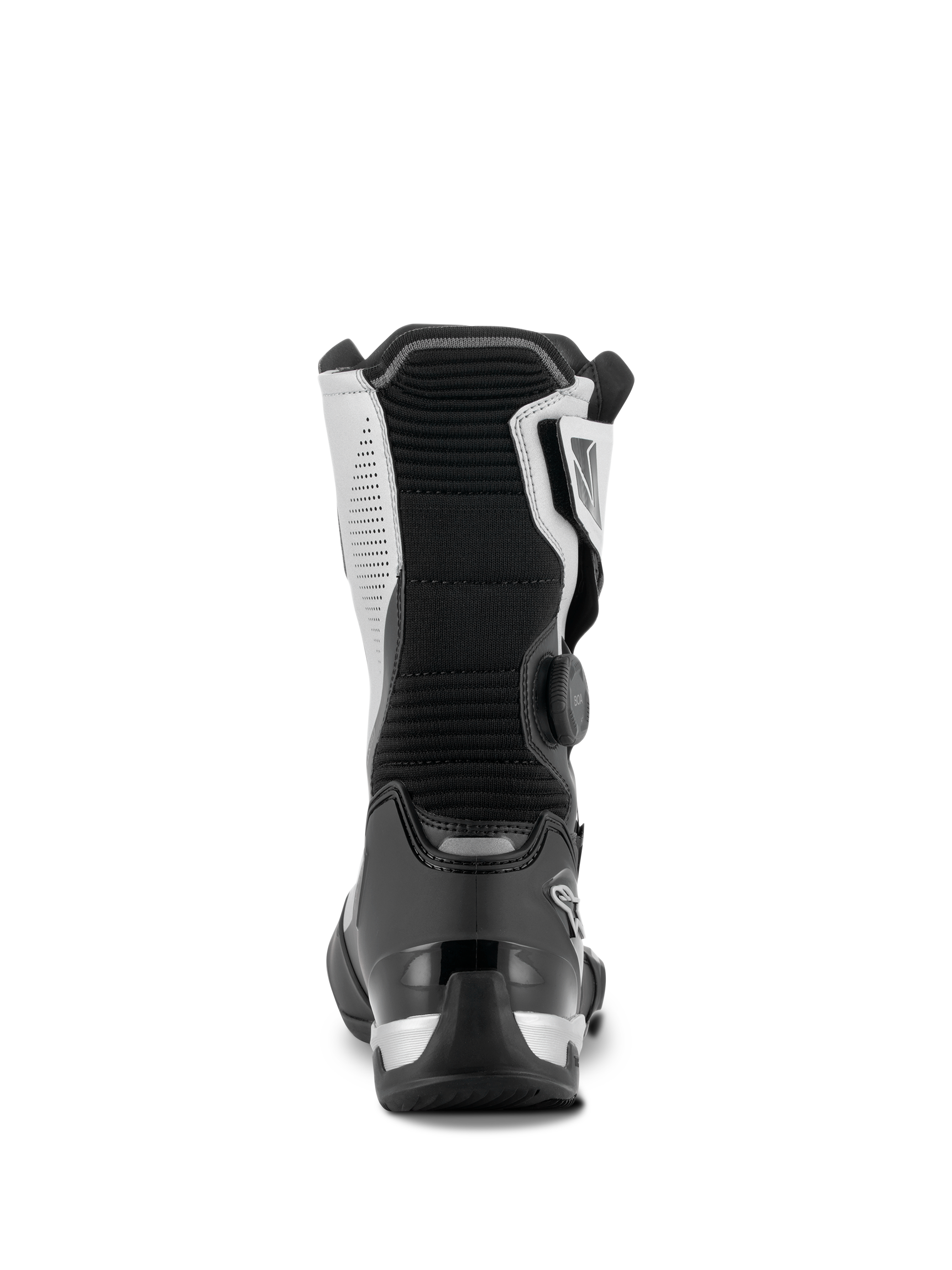 Alpinestars SP-X BOA® Stiefel, Schwarz und Silber, Rückansicht eines mittelhohen Sport-Touring-Motorradstiefels, mit schwarzer TPU-Fersenkappe, silbernen Seitenpaneelen und seitlichem BOA® Fit System-Drehverschluss, elegantes und schützendes Design