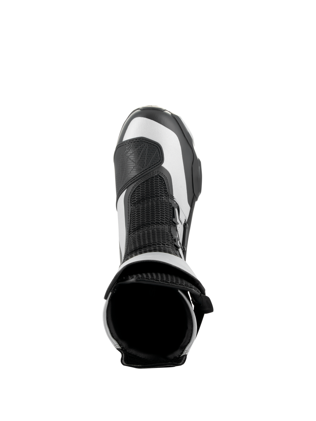 Alpinestars SP-X BOA Stiefel, Schwarz und Silber, Draufsicht mit Blick auf die obere Öffnung und Mesh-Zunge, elegante mittelhohe Sport-Motorradstiefel mit fortschrittlicher Mikrofaser- und Rideknit-Konstruktion