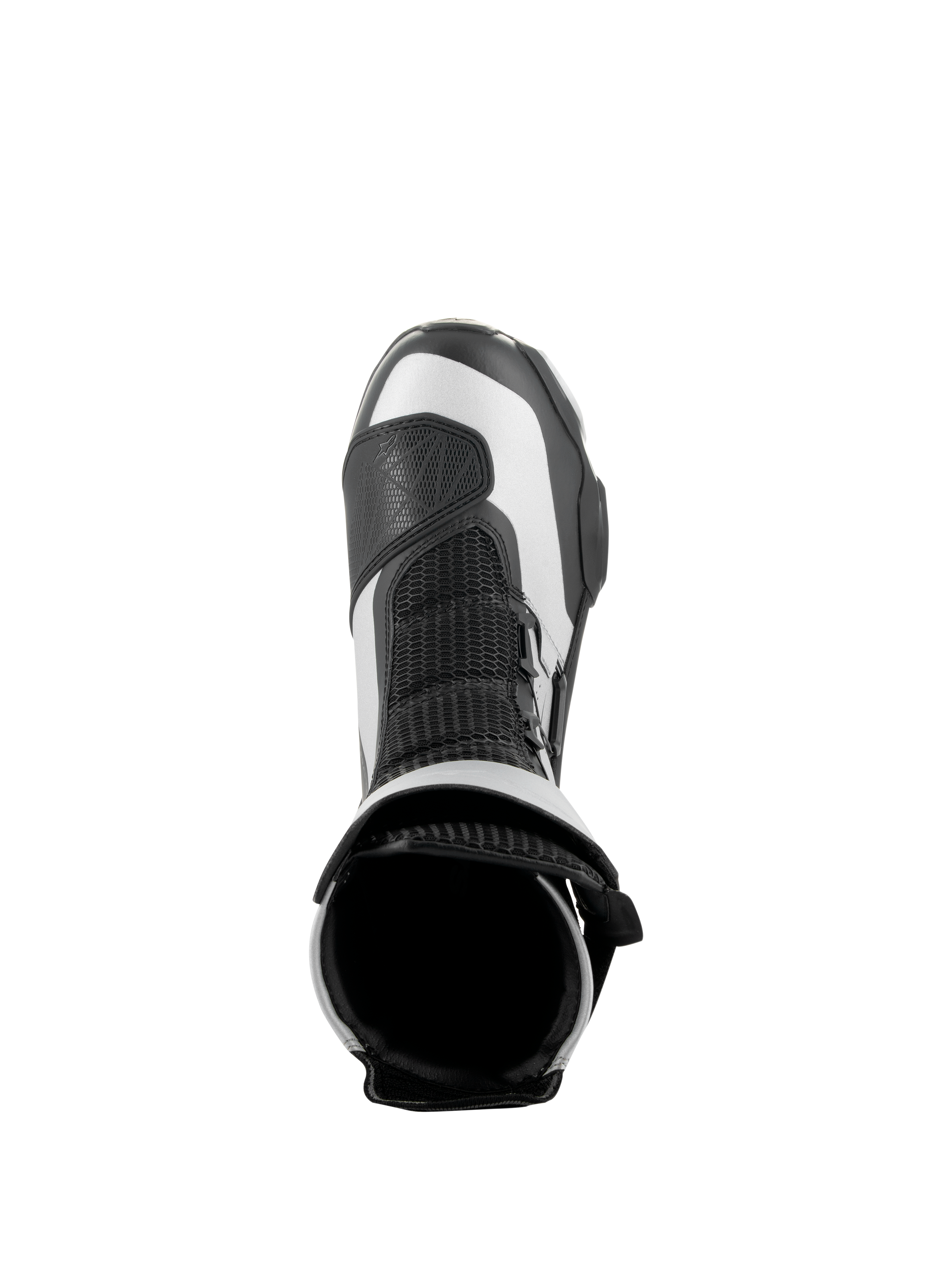 Alpinestars SP-X BOA Stiefel, Schwarz und Silber, Draufsicht mit Blick auf die obere Öffnung und Mesh-Zunge, elegante mittelhohe Sport-Motorradstiefel mit fortschrittlicher Mikrofaser- und Rideknit-Konstruktion