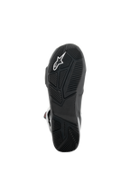 Alpinestars SP-X BOA® Stiefel, Sohlenansicht, Schwarz, mit strukturierter Gummiaußensohle mit weißem Stern-Logo, asymmetrischem Fersendesign für Stabilität und speziellen Profilmustern für Grip auf den Fußrasten