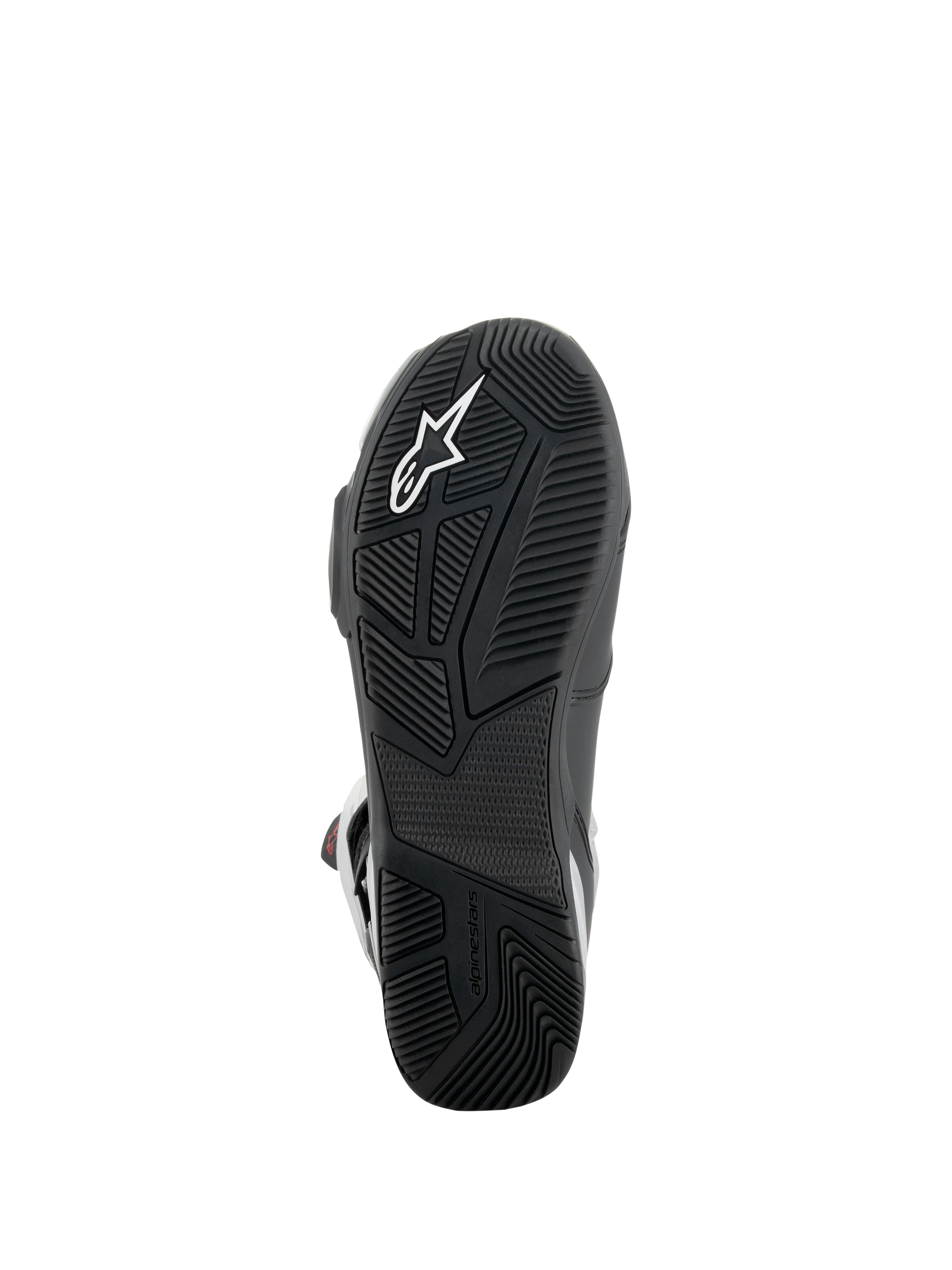 Alpinestars SP-X BOA® Stiefel, Sohlenansicht, Schwarz, mit strukturierter Gummiaußensohle mit weißem Stern-Logo, asymmetrischem Fersendesign für Stabilität und speziellen Profilmustern für Grip auf den Fußrasten