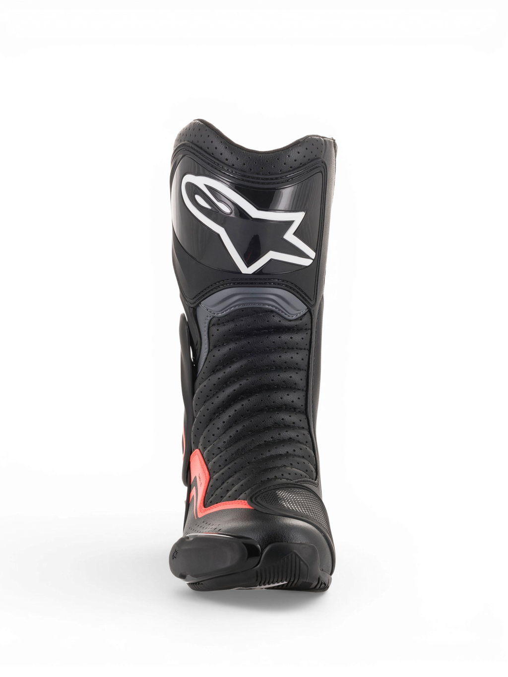Alpinestars SMX-6 V2 Vented Stiefel, Motorradrennstiefel in Schwarz und Grau mit fluoreszierend roten Akzenten, perforiertem Obermaterial, Schienbeinschutz und Toe Slider, Frontansicht
