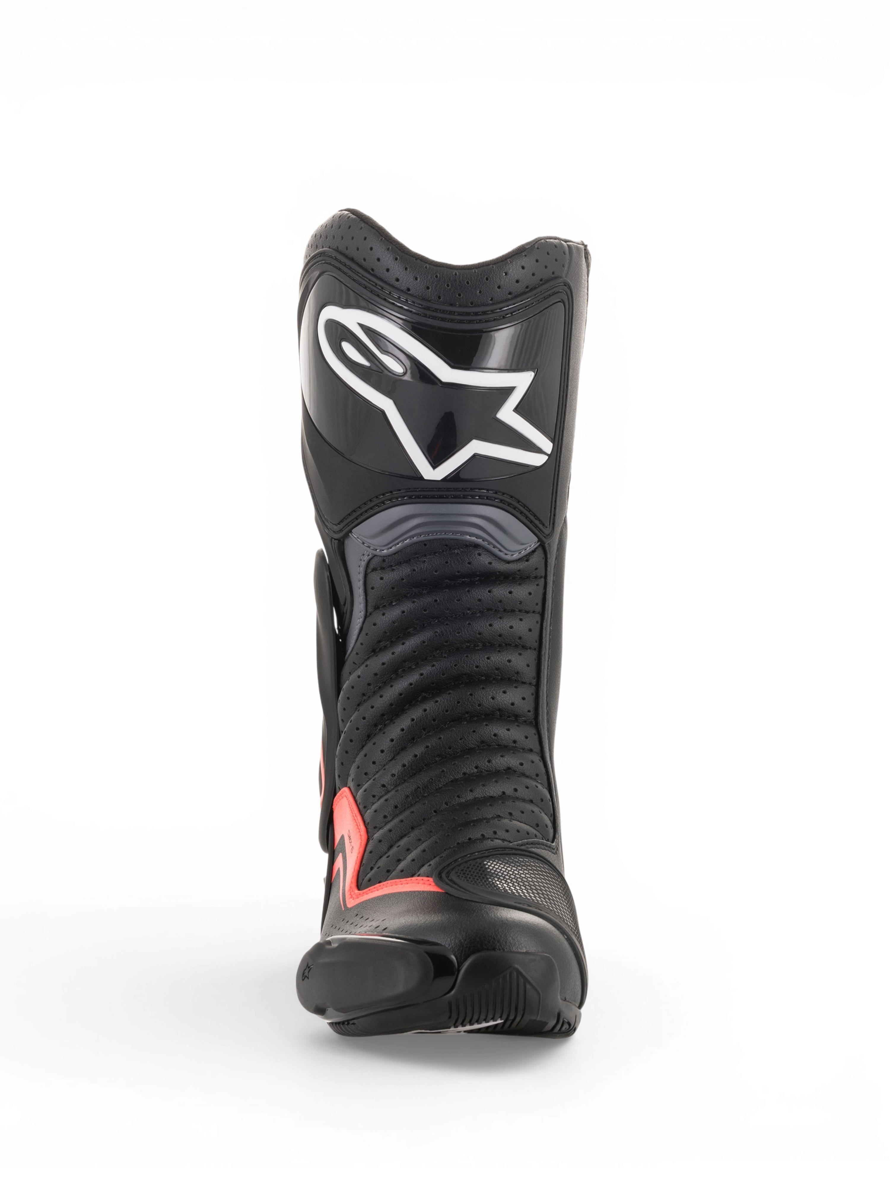 Alpinestars SMX-6 V2 Vented Stiefel, Motorradrennstiefel in Schwarz und Grau mit fluoreszierend roten Akzenten, perforiertem Obermaterial, Schienbeinschutz und Toe Slider, Frontansicht