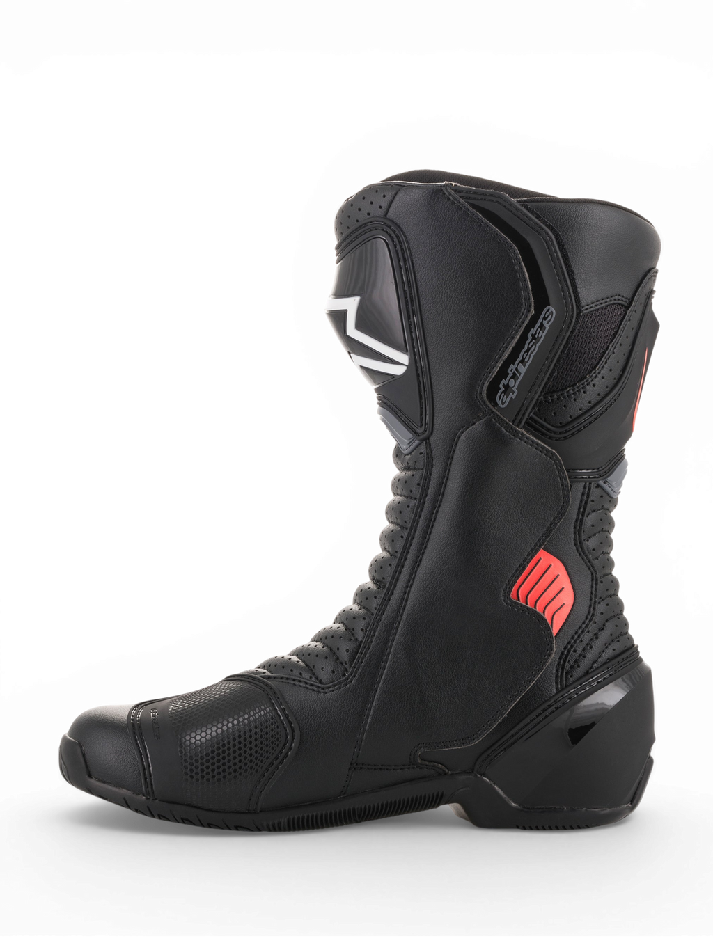 Alpinestars SMX-6 V2 Vented Stiefel, schwarzer Motorradrennstiefel mit grauen und fluoreszierend roten Details, atmungsaktiven Mesh-Einsätzen sowie Knöchel- und Schienbeinschutz