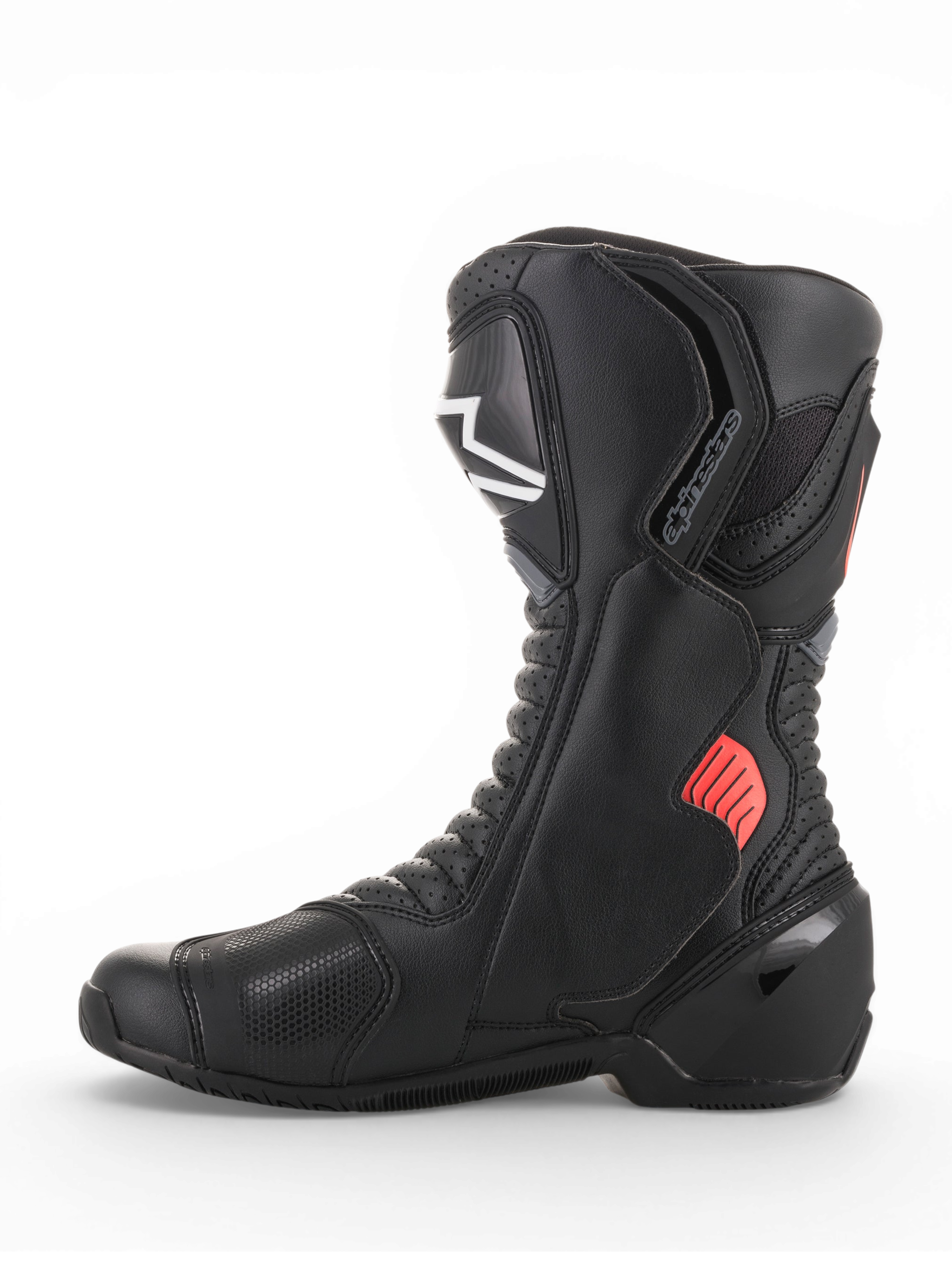 Alpinestars SMX-6 V2 Vented Stiefel, schwarzer Motorradrennstiefel mit grauen und fluoreszierend roten Details, atmungsaktiven Mesh-Einsätzen sowie Knöchel- und Schienbeinschutz