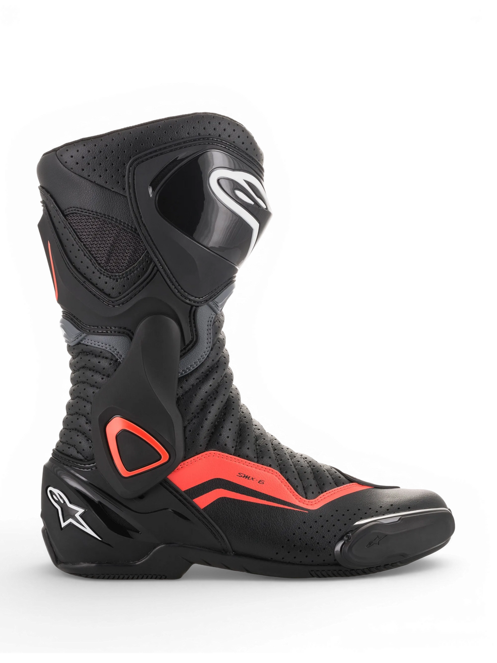 Alpinestars SMX-6 V2 Vented Stiefel, schwarzer und grauer Motorradrennstiefel mit fluoreszierend roten Akzenten, perforierter Belüftung sowie Knöchel- und Schienbeinprotektoren